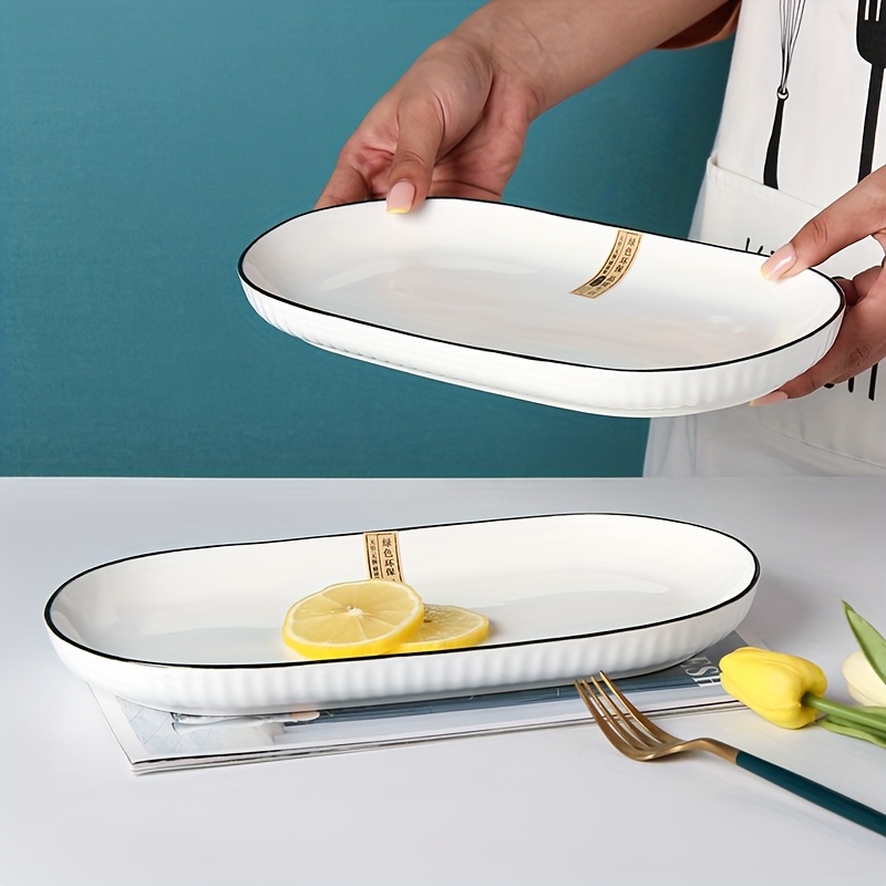 Image of Large Serving Platter- Oval Large Serving Tray, White With Black Rim Platters For Serving Food, Appetizers, Entertaining, Party, Set Of 2