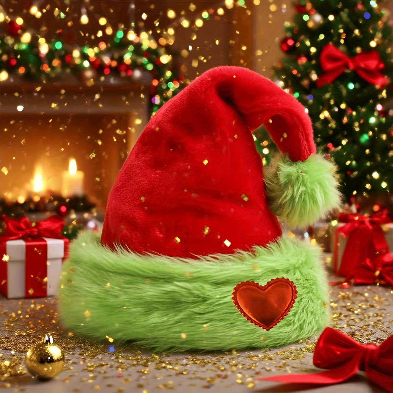 TEMU -style Furry Brimmed Christmas Hat With A , Fluorescent Green, Featuring Double-layer Plush Pom-pom Trim - Suitable For Holiday Parties,