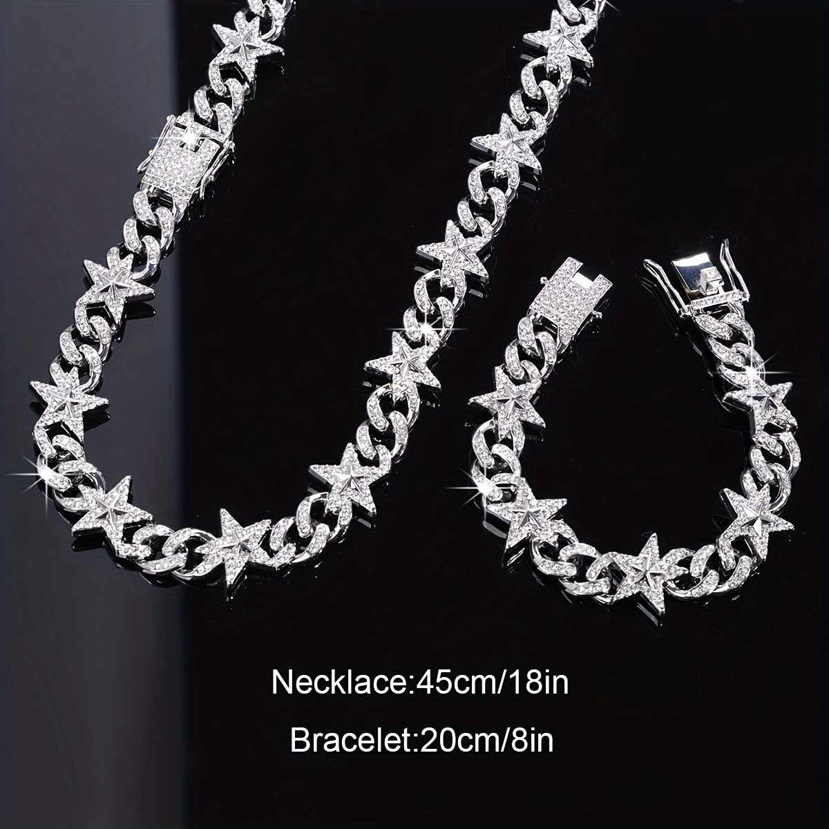 E-shop 2-teiliges/Set Exquisites kubanisches Ketten-Schmuckset, Unisex-Halskette plus Armband, Herren-Hip-Hop-Mode mit glänzender Dekoration, perfektes