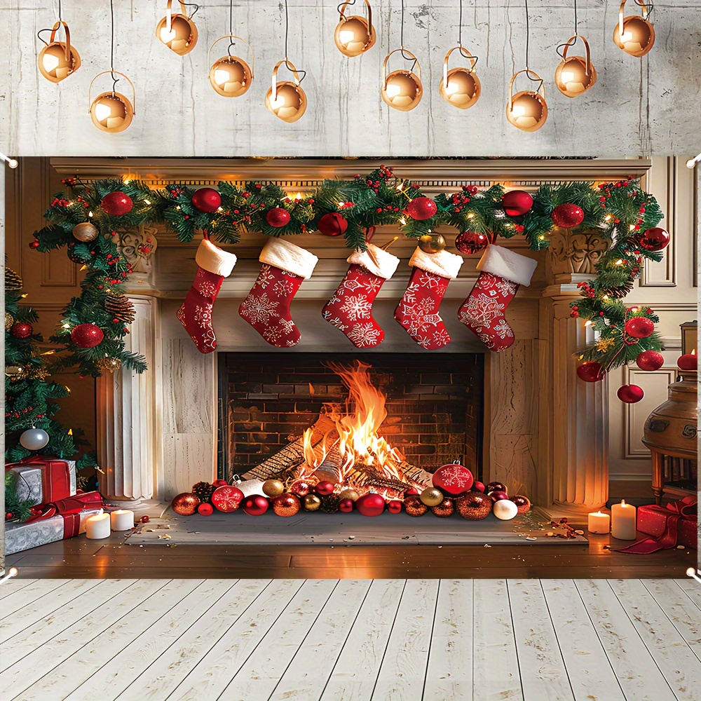 

Polyester Christmas Fireplace Backdrop Banner 1pc, 70.8" X 43.3" – Multipurpose Holiday Decor For Photo Booth, Birthdays, Weddings, Festivals – Fireplace & Stockings Design, No Electricity Needed