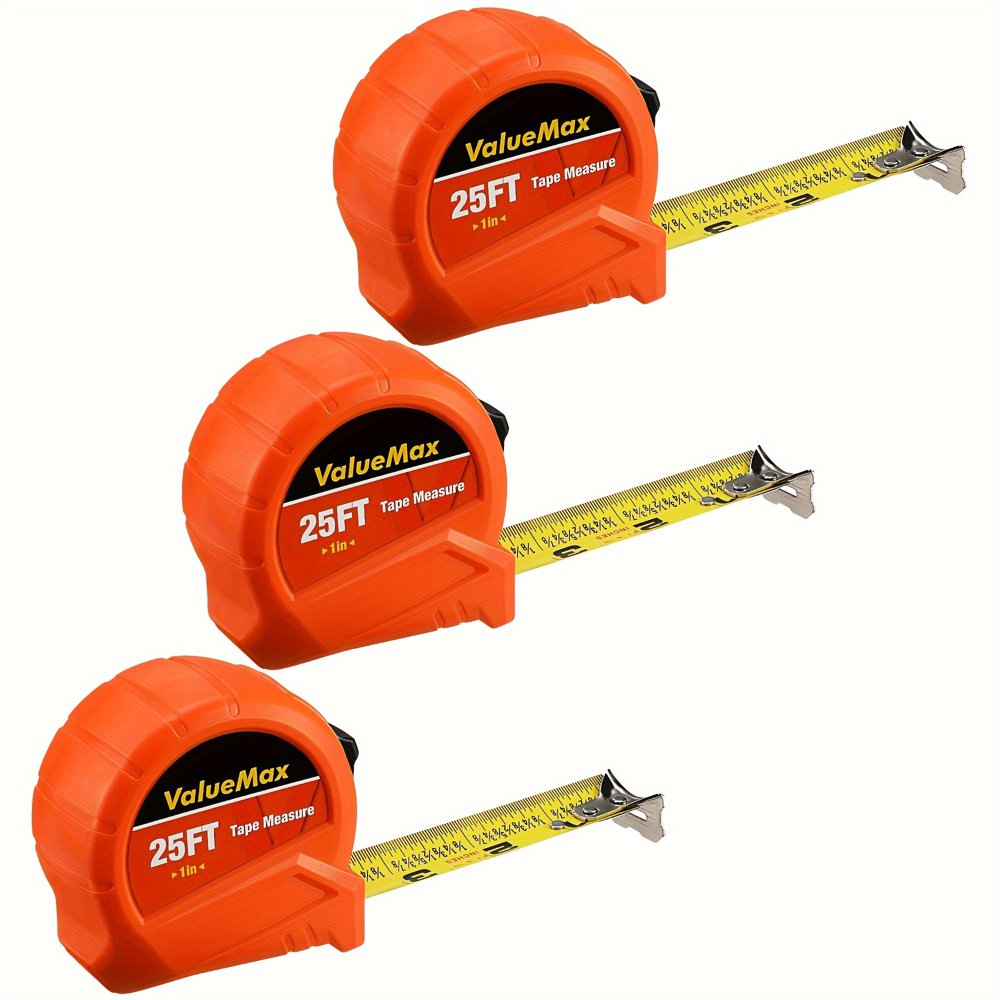 

Valuemax Tape Measure 25ft With Fractions 1/8, 3 Pack Retractable Measuring Tape, Imperial Measurement Tape With Metal Belt Clip For Construction, , Carpenter, Woodworking