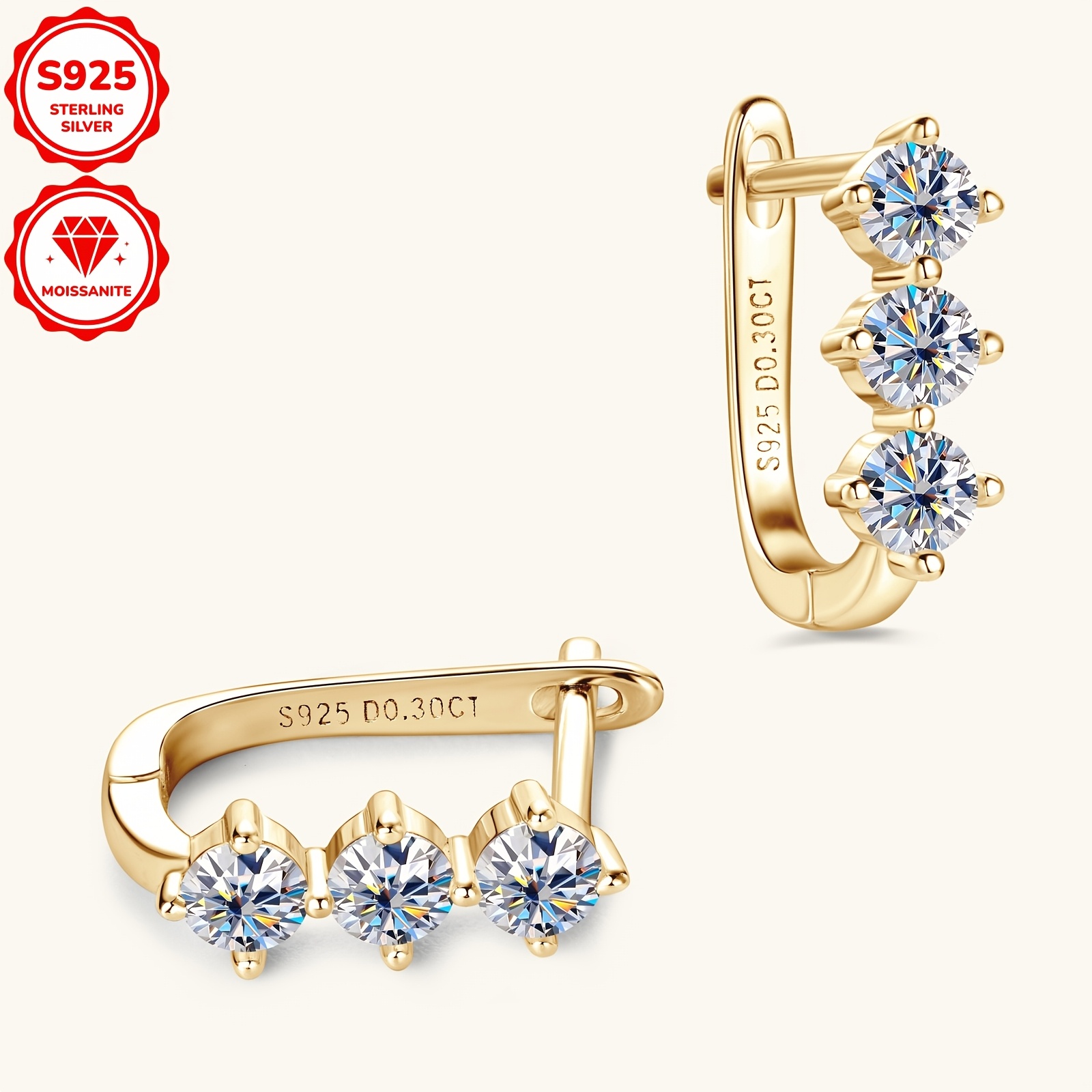 1 pair elegant 925 sterling silver hoop earrings with 14k golden plated synthetic moissanite stones april birthstone fashion jewelry for women daily wedding occasions christmas holiday gift   compatible details 12