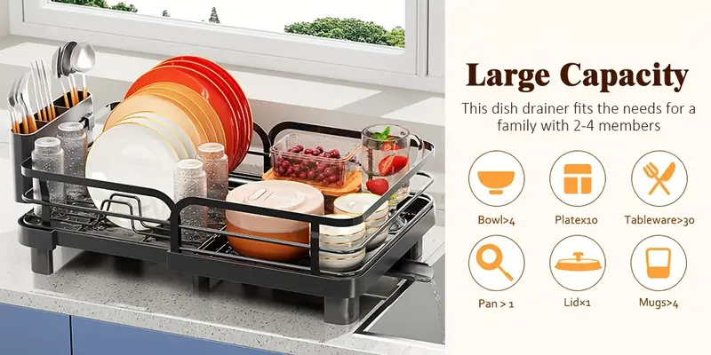 expandable dish drying rack extendable dish rack with spout collapsible dish dryer black large dish drainer for kitchen counter foldable dish drainer drying rack with cutlery holder Product details 0