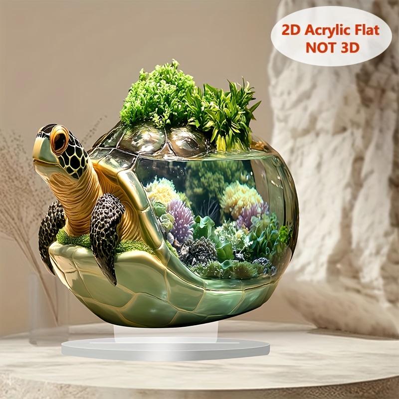 

2d Flat 1pc Boho Style Acrylic Sea Turtle Eco Aquarium, 2d Plane Craft Effect, Tabletop Mounting, Multipurpose Desk/porch/room Decor, Unique Gift Idea - 9x9 Inches