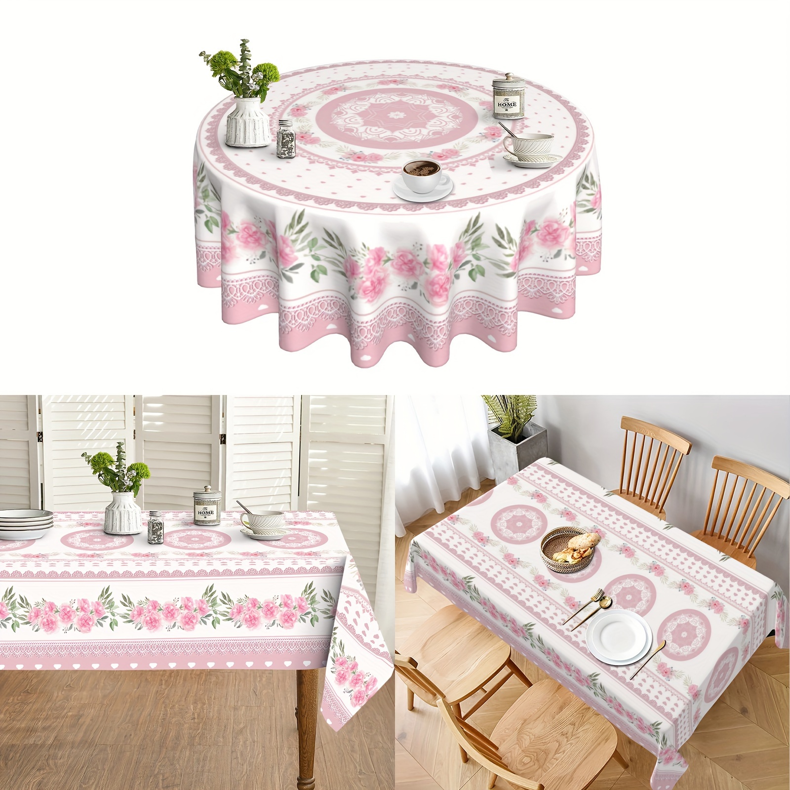 

1pc, Polyester Tablecloth, Pink Vintage Floral Rose Design, For Home Kitchen Restaurant Picnic Decor, Valentine's Mother's Day Gift, Rectangular