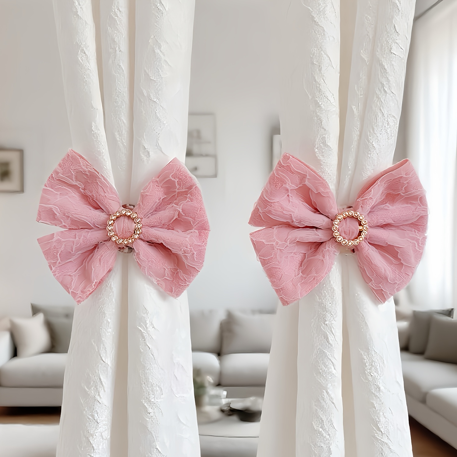 TEMU 2pcs Elegant Bow Tiebacks - Polyester Curtain Holdbacks With Sparkling Gemstone Accents, Decor, Curtain Accessories