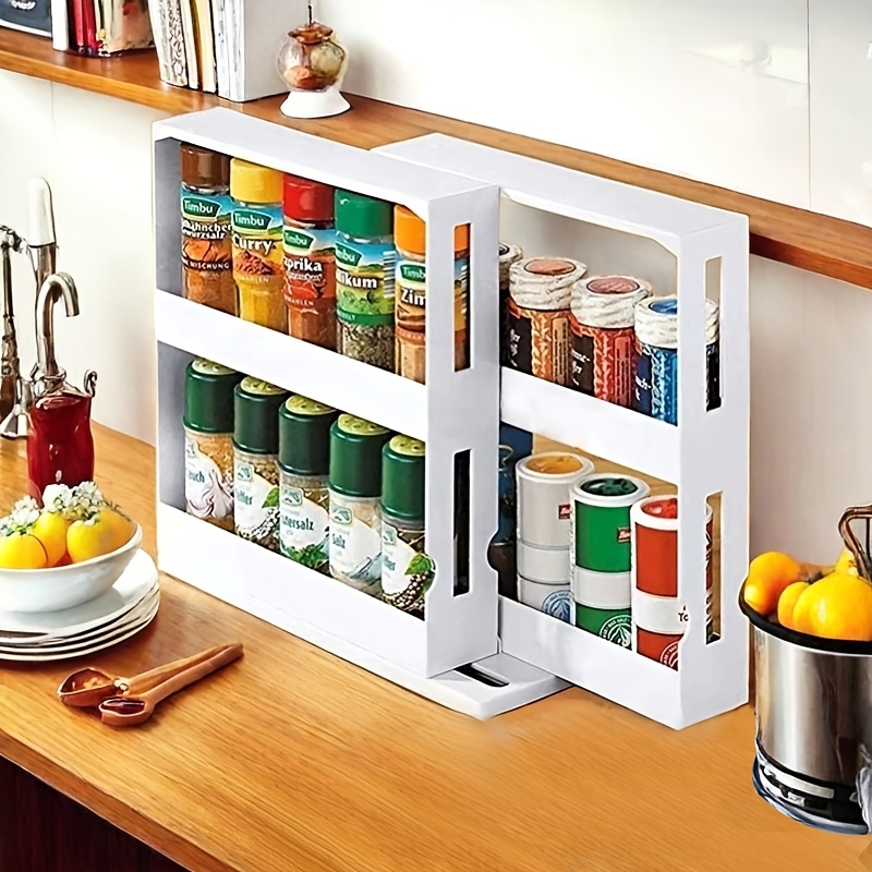 

Two-level Spice Organizer - Plastic Kitchen Storage Rack For Countertops And Drawer Cabinets With Sliding Shelves, Ideal For Bathroom Storage