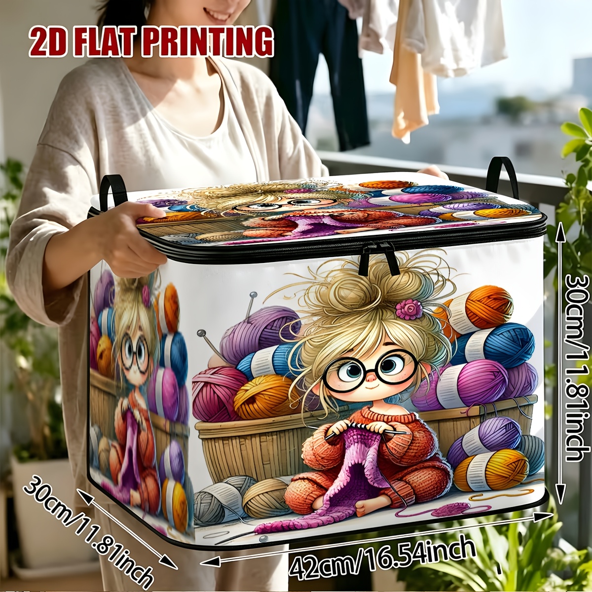 TEMU 1pc Cartoon Yarn Ball Non-woven Storage Box, White Background Cartoon Curly-haired With Colorful Yarn Balls And Knitting Needles Printed, Zipper