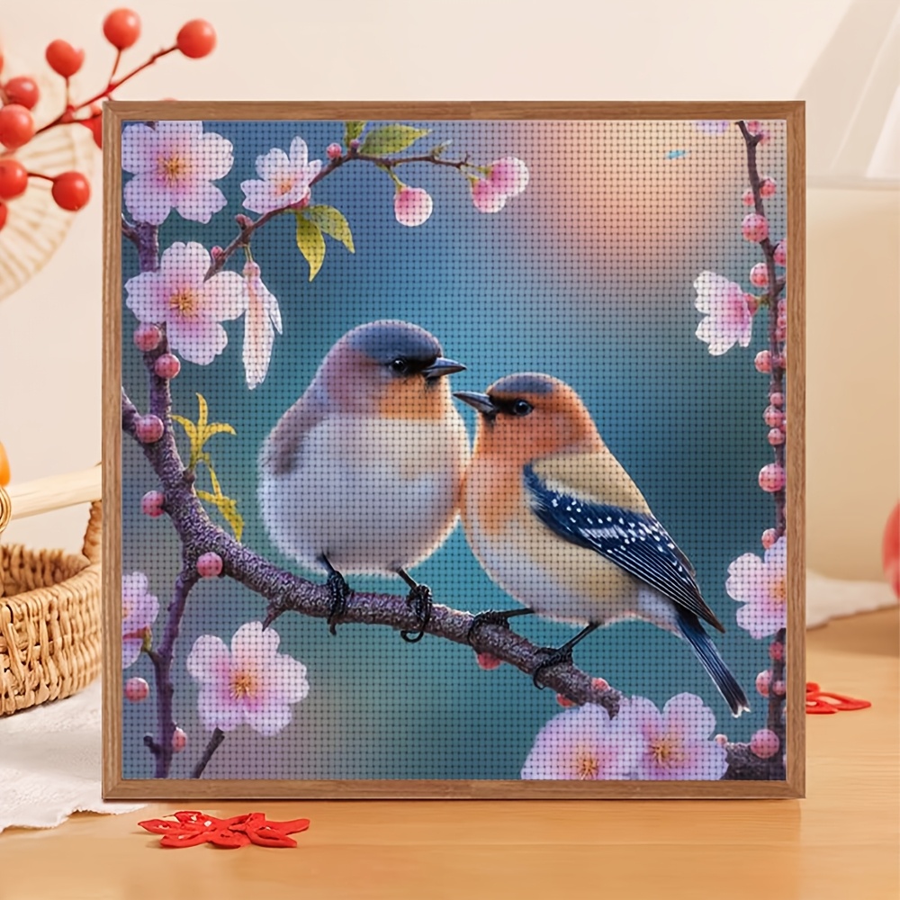 Cross Stitch Kit Featuring Two Birds on Cherry Blossom Branch, Ideal for Beginners