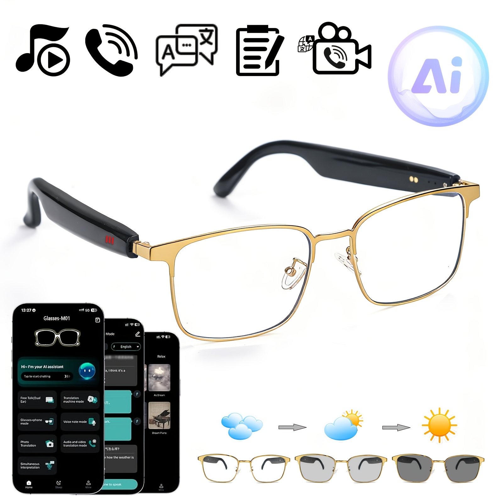 Image of Ai Smart Glasses - Real-time Translation Supporting 100+ Languages, Meeting Minutes, Video Translation, Ai Conversation, And System; Equipped With Photochromic Lenses
