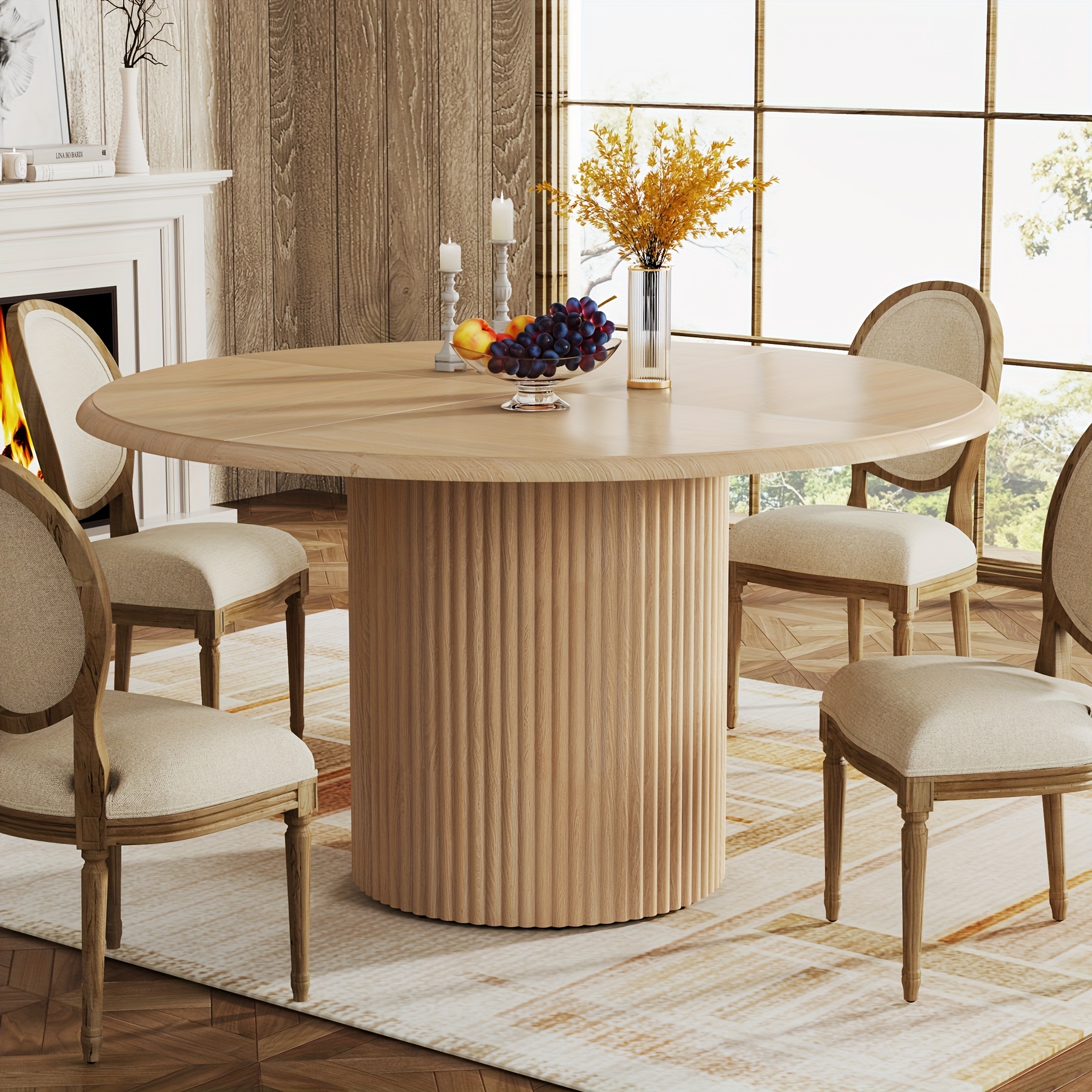 TEMU Table Ronde de 47 pouces pour 4 personnes | Tables de salle à manger en bois naturel avec piédestal cannelé, Table de cuisine ronde pour salle à