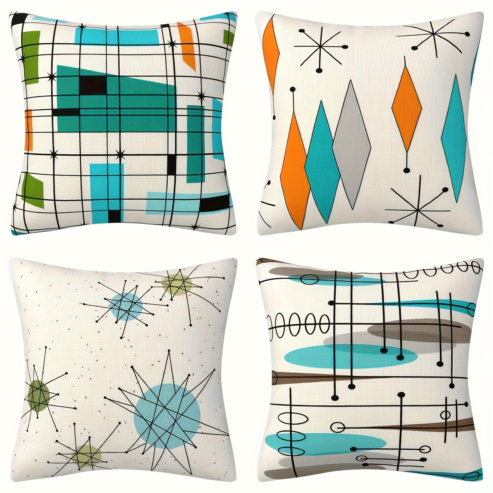 

Set Of 4 Mid-century Modern Geometric Throw Pillow Covers, Contemporary Style Home Decor Cushion Cases, Machine Washable, Decorative Zippered Pillowcases For Living Room Sofa, Woven Polyester 100%