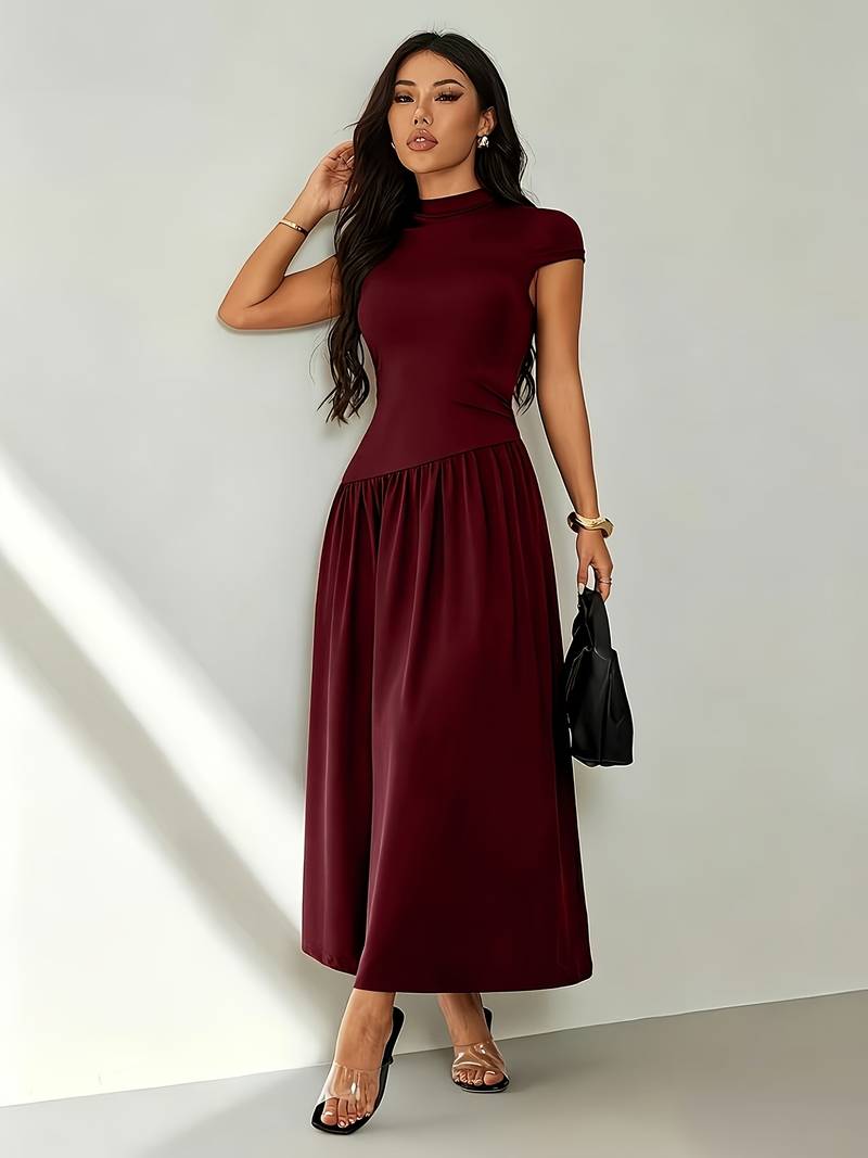 Women's Solid Color Stand Collar Puff Sleeve Pleated Long Casual Dress, Summer Dress