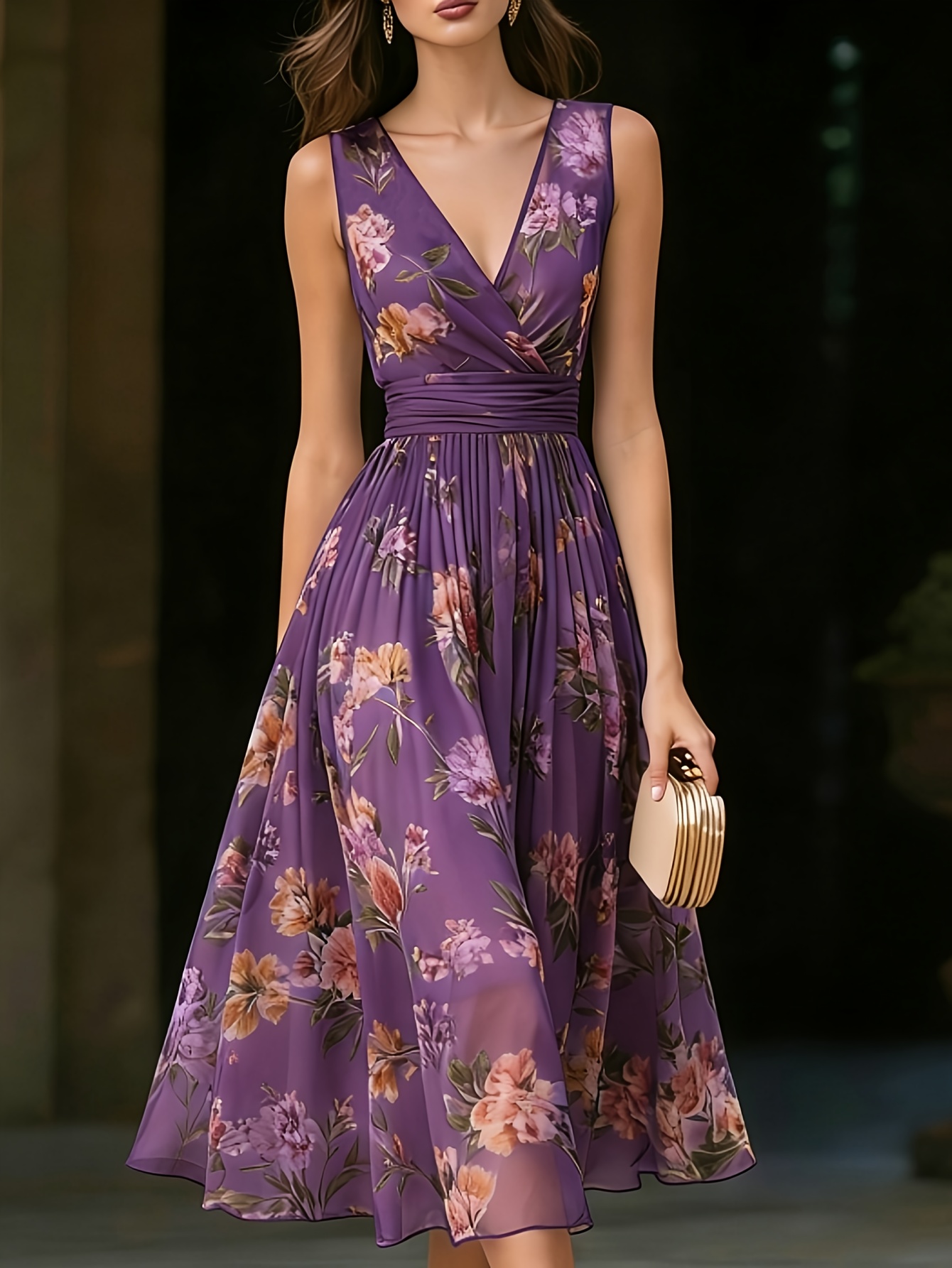 * Chiffon V-Neck Sleeveless A-Line Midi Dress