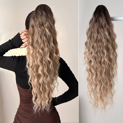 drawstring ponytail extension hair 28 inch ombre long water wave heat resistant fiber synthetic ponytail hairpiece for women daily used