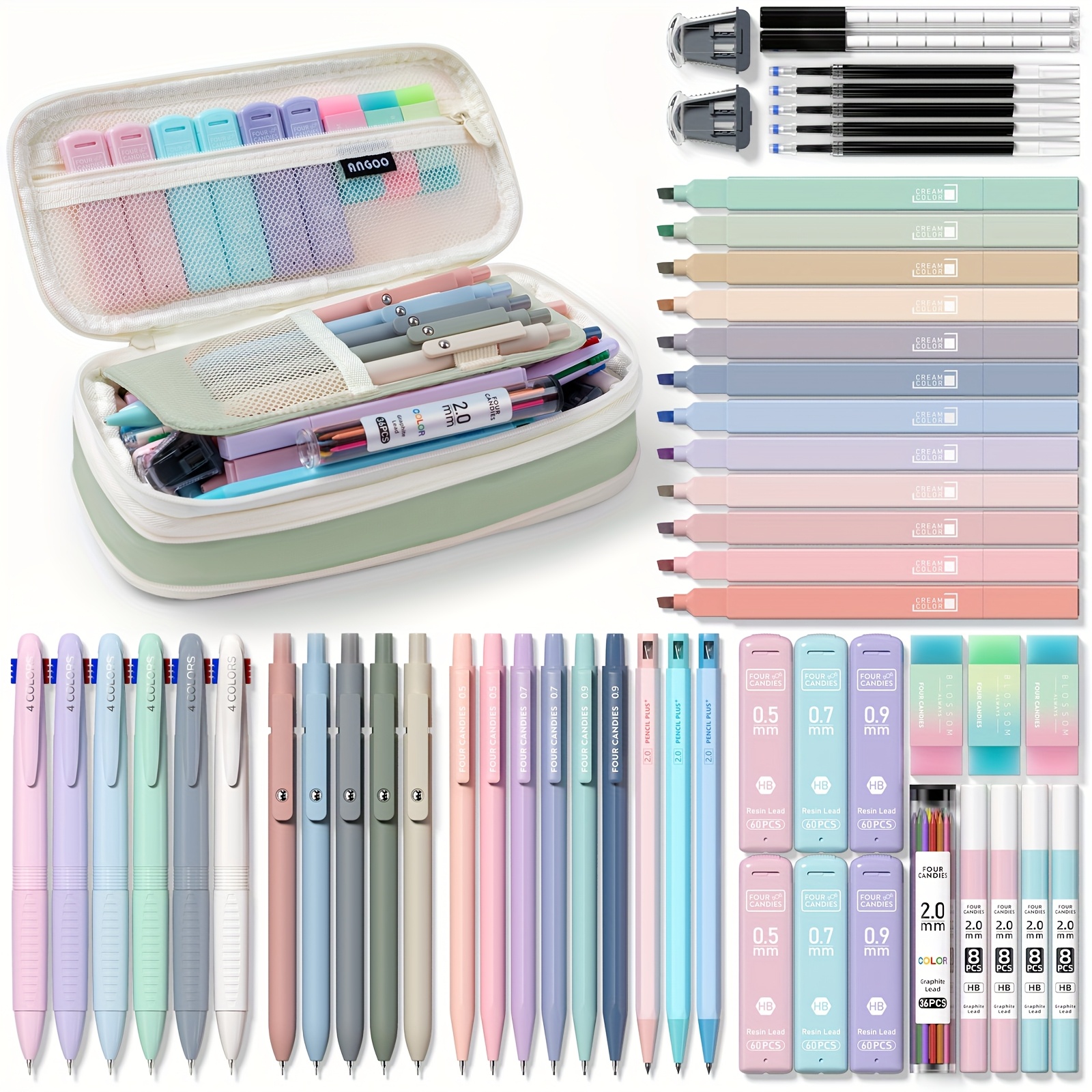 Aesthetic School Supplies MoKo 60-Piece Set - Pastel Highlighters, Pens & Pencil Case Pastel Stationery Set