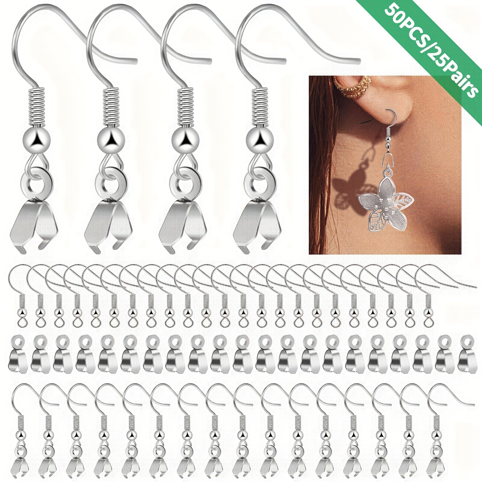 Image of Earring Hooks 50pcs/25pairs, Stainless Steel Ear Wires Fish Hooks, With 50pcs Earring Hooks 50pcs Connectors Hypo-allergenic Jewelry Findings Parts For Jewelry Making
