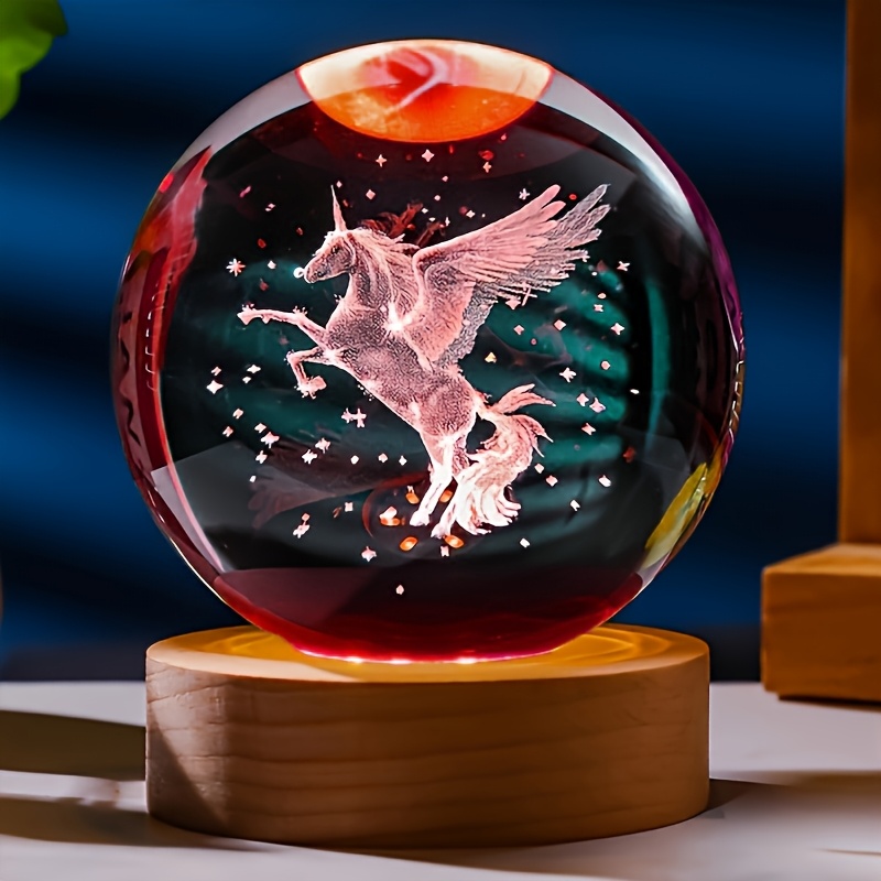 TEMU Inner Carved Unicorn Like Crystal Ball Night Light, 3d Laser Carved Glass Ball Usb Powered Colorful Wooden Base Light, Suitable For Bedroom, Office Decoration, , Birthday, Christmas Gifts