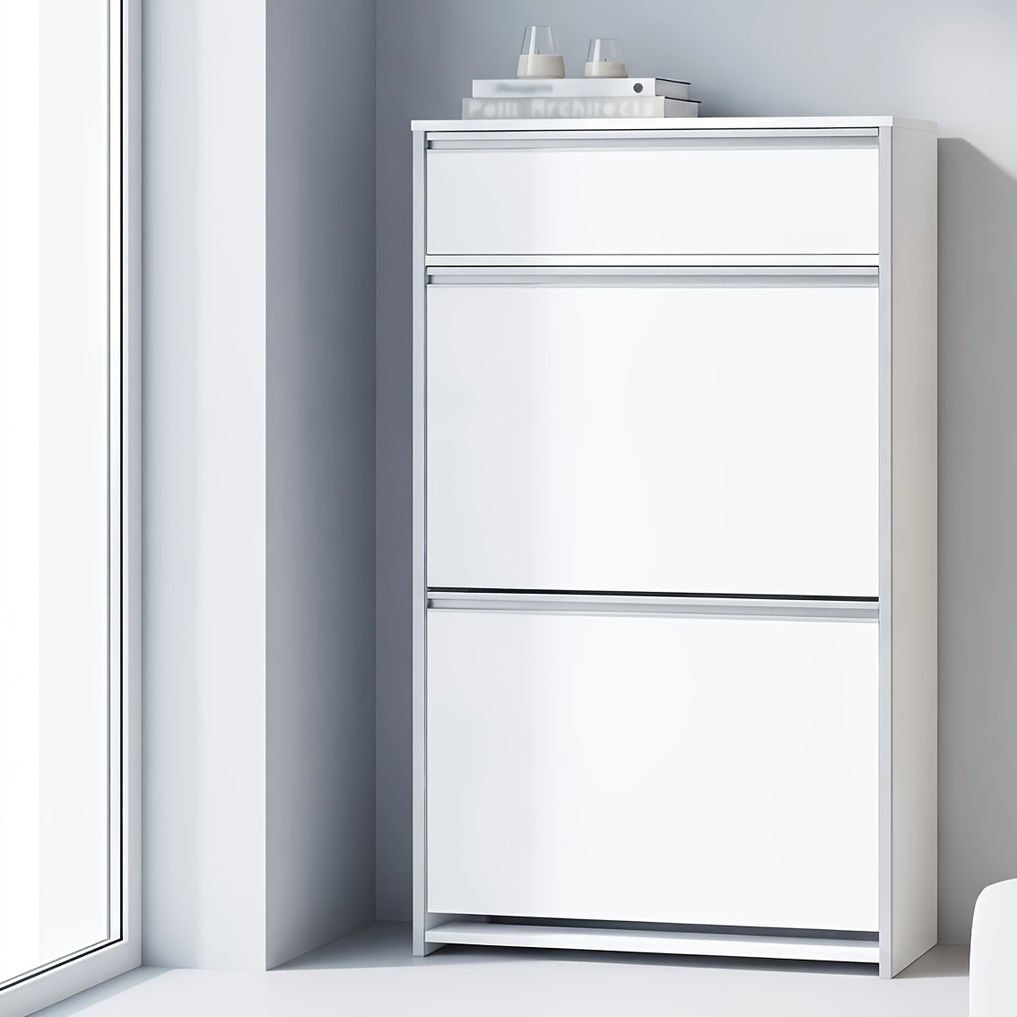 2 Flip Drawers Shoe Cabinet White, Pain Point Solution For Small Entryway With Top Storage