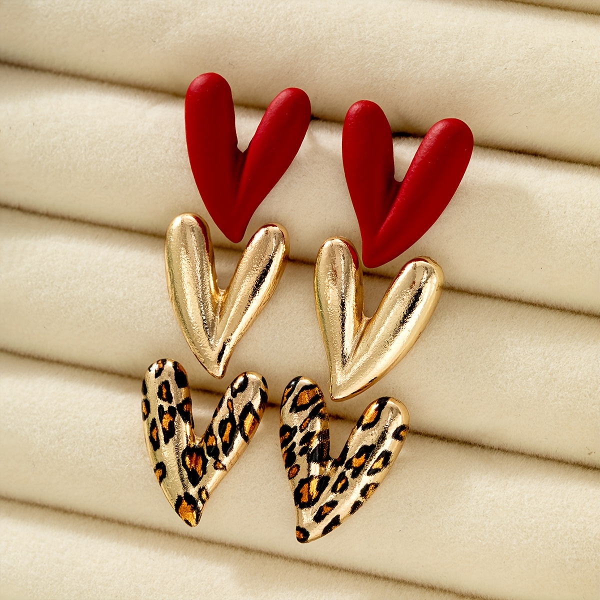Image of 3 Pairs Of Multi-functional Leopard Print Heart-shaped Earrings, Painted Red, Suitable For Everyday Wear And Holiday Gifts.