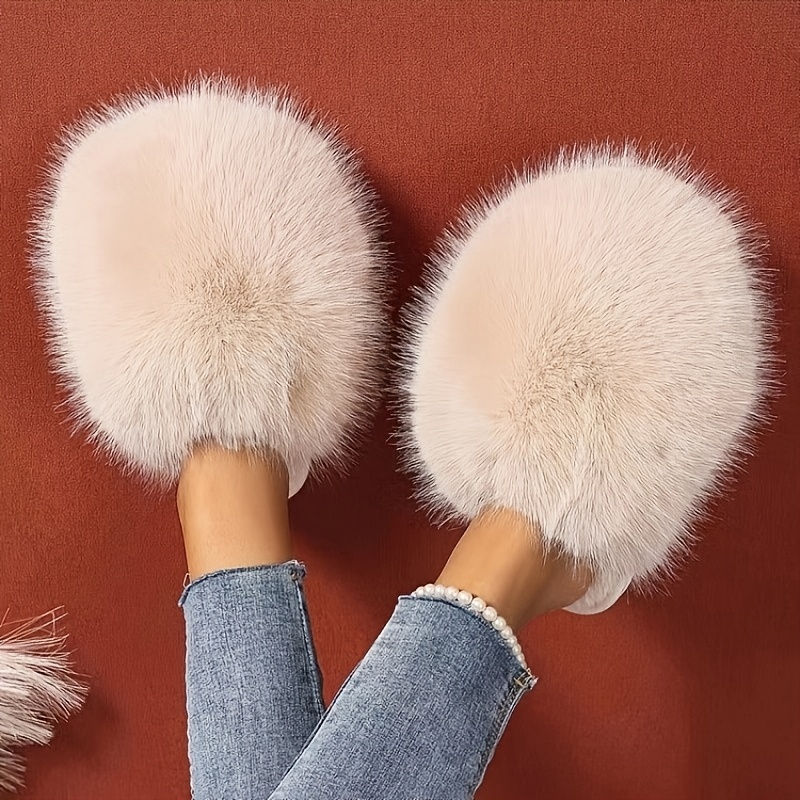 

1 Pair Cozy Fur Slippers For Women, Fashion Flat Indoor House Shoes, Solid Color, Fabric Lining, Tpr Sole, Washable - Suitable For All