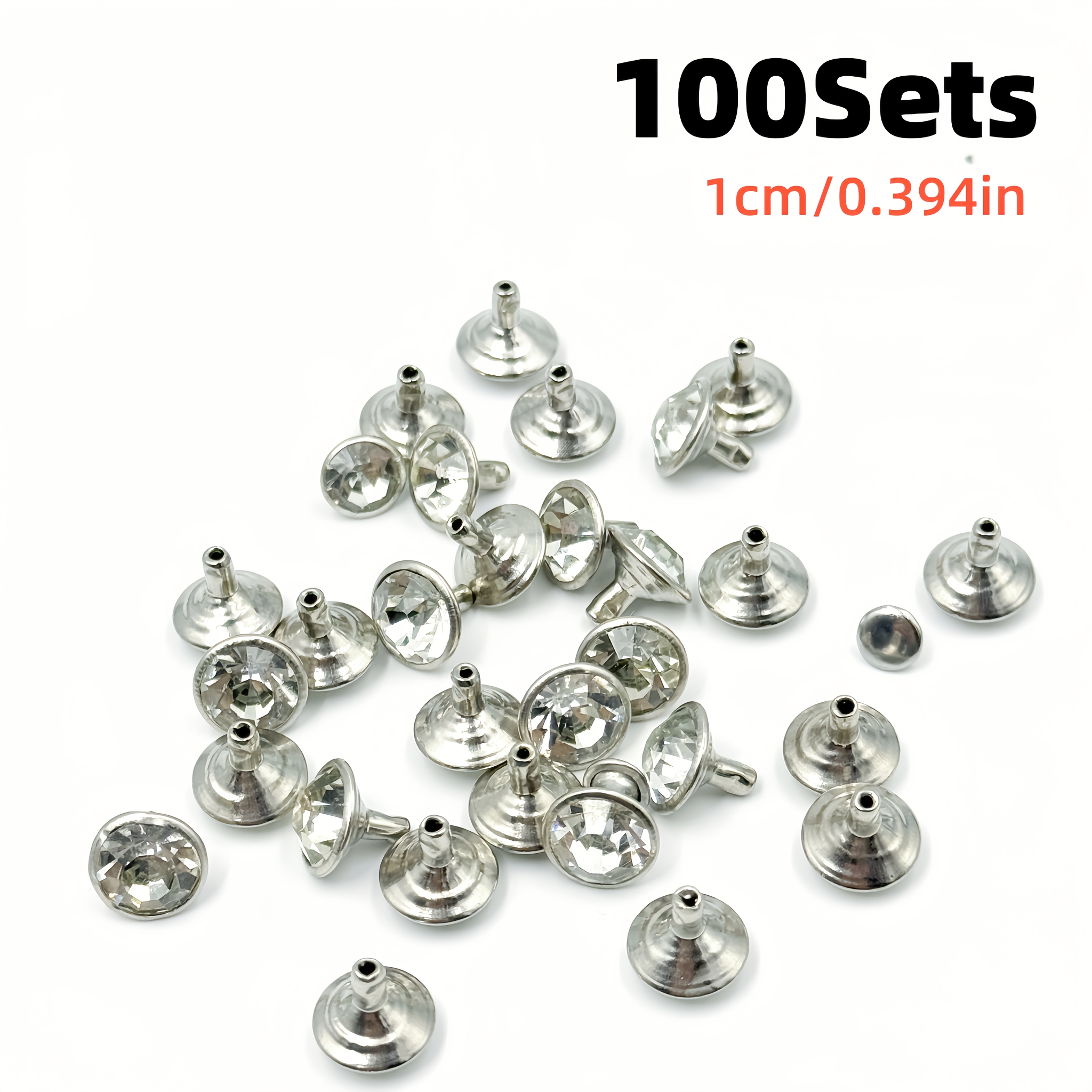 100pcs Rhinestone Rivets Kit | White Transparent Crystal-like Studs (0.6/0.8/1cm) For Leather, Shoes, Hats, Bags & Crafts Additions | Durable Crafting Material, Hardware