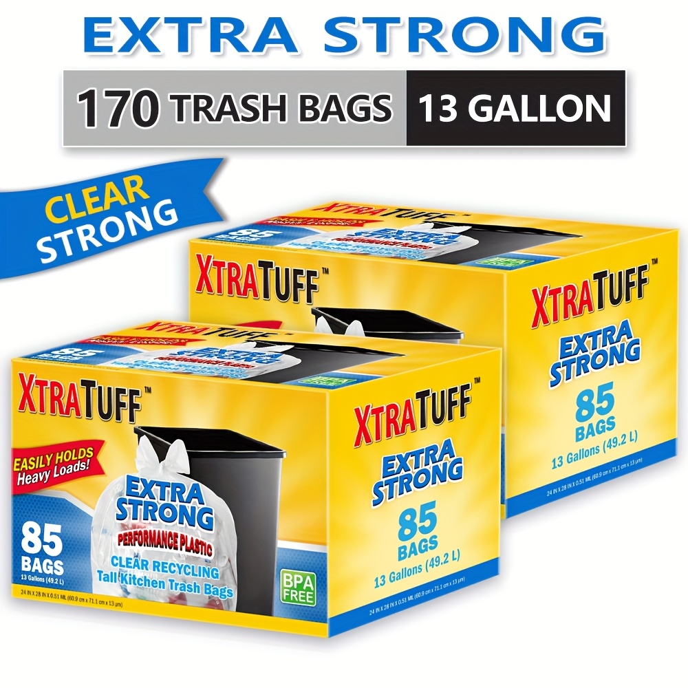 Box of 180 13-Gallon Heavy-Duty Clear Plastic Garbage Bags – Leak-Resistant, Odor-Proof Multipurpose Trash Bags for Home and Outdoor Use