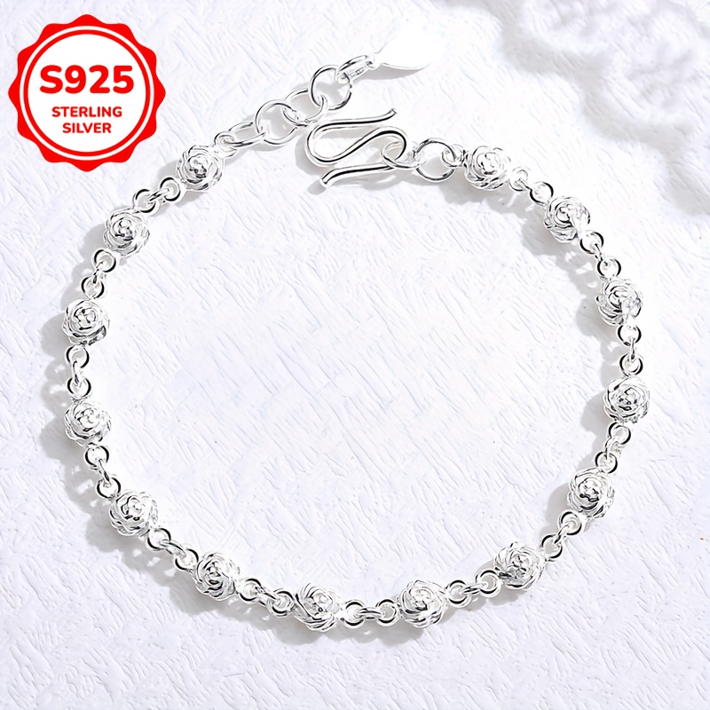 S925 Sterling Silver Rose Bracelet for Women, Adjustable Clasp