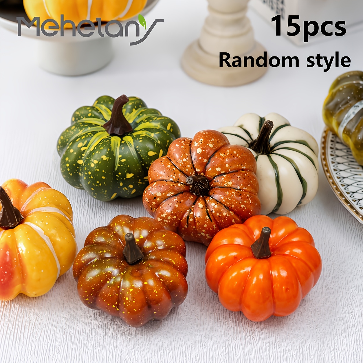 TEMU 15pcs Mixed Colors, White, Green, Orange, Artificial Pumpkin, Artificial Plant, Fake Pumpkins For Home Decor, Fall Theme, , Halloween,