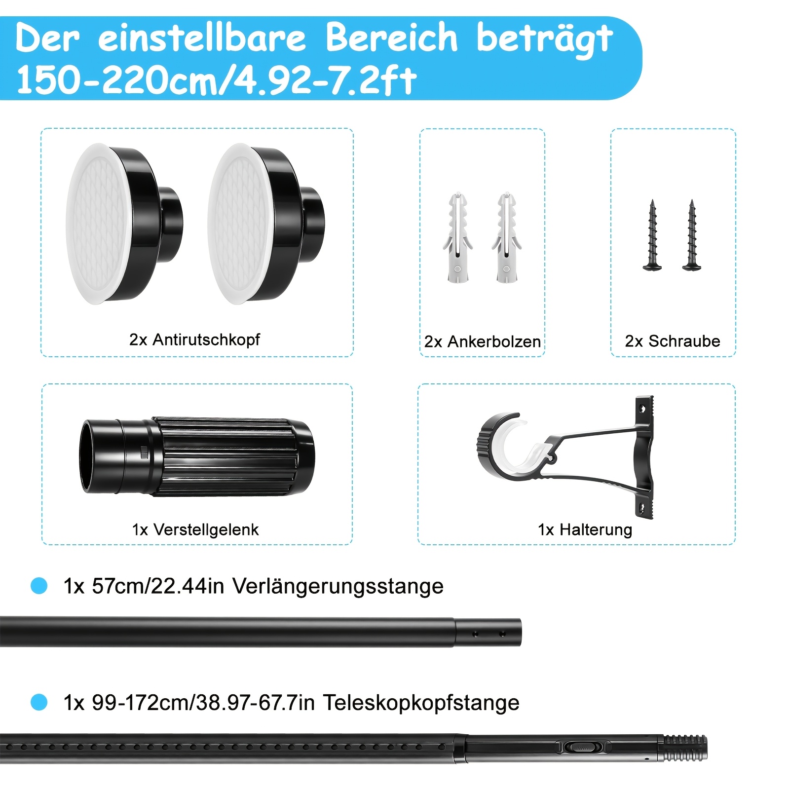 Image of No-drill Room Divider Curtain Rod, Adjustable Room-dividing Curtain Rod; Durable Metal Room Divider For Living Rooms And Bedrooms Black, White, Dark Gray, Sizes: 150-220cm, 280-350cm, 370-440cm