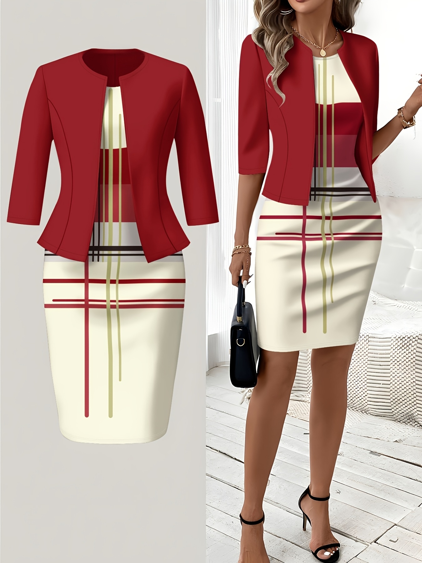 Conjunto de Vestido com Design Estampado às Riscas 