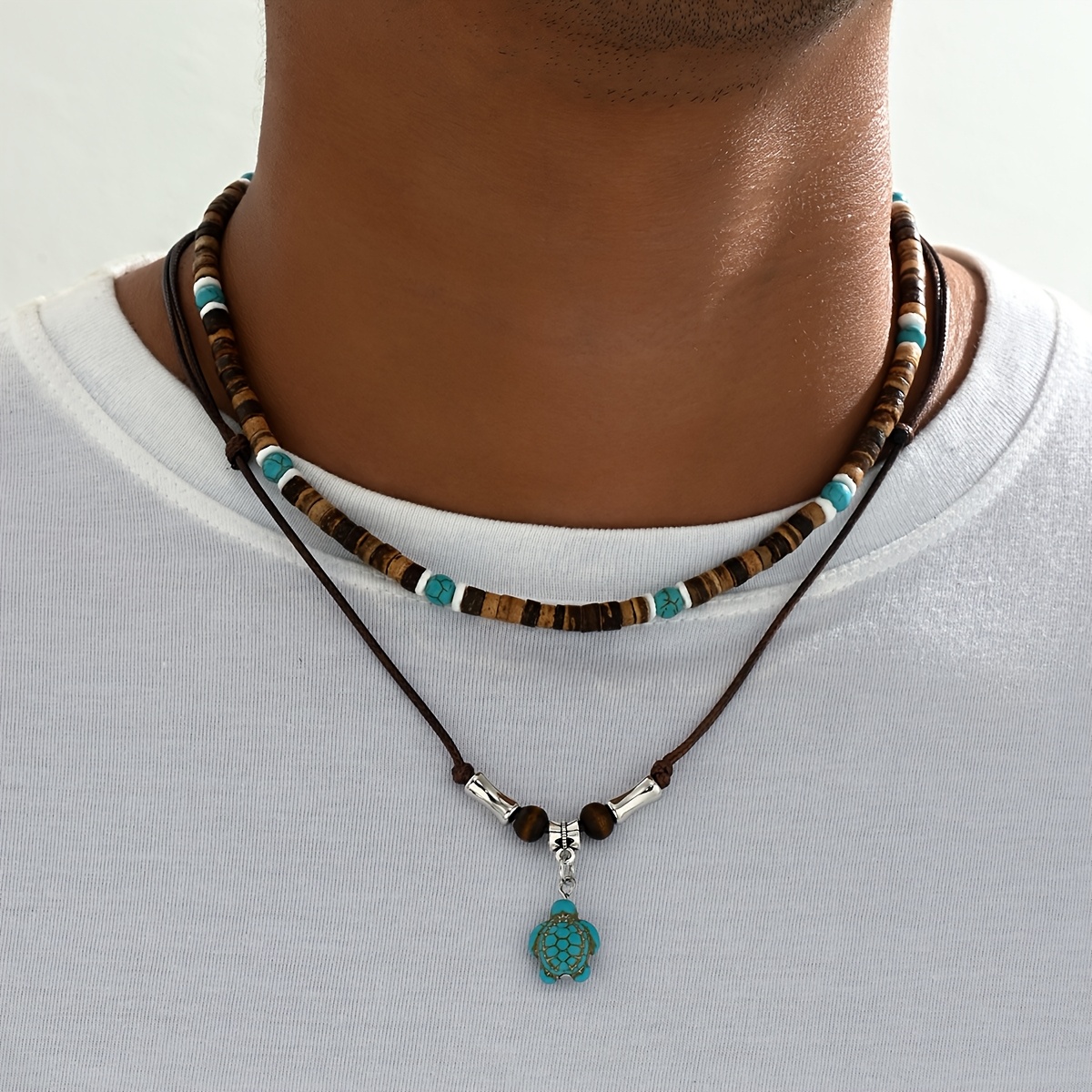 colar de contas boêmio para homem com pingente de   - contas de madeira multicoloridas,   e coral, ideal para uso diário e presentes, estilo boêmio, joias de praia boêmias|estilo casual|contas de madeira, colar de estilo boêmio