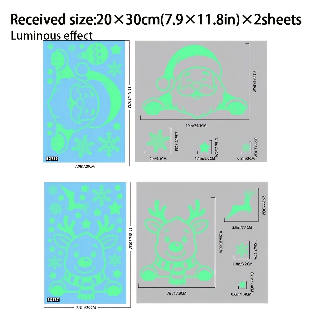 TEMU 2 Sheets/set Glow In The Dark Christmas Window Cling, Santa Claus And Reindeer Static Sticker, Luminous Xmas Snowflakes Stars Vinyl Decal For