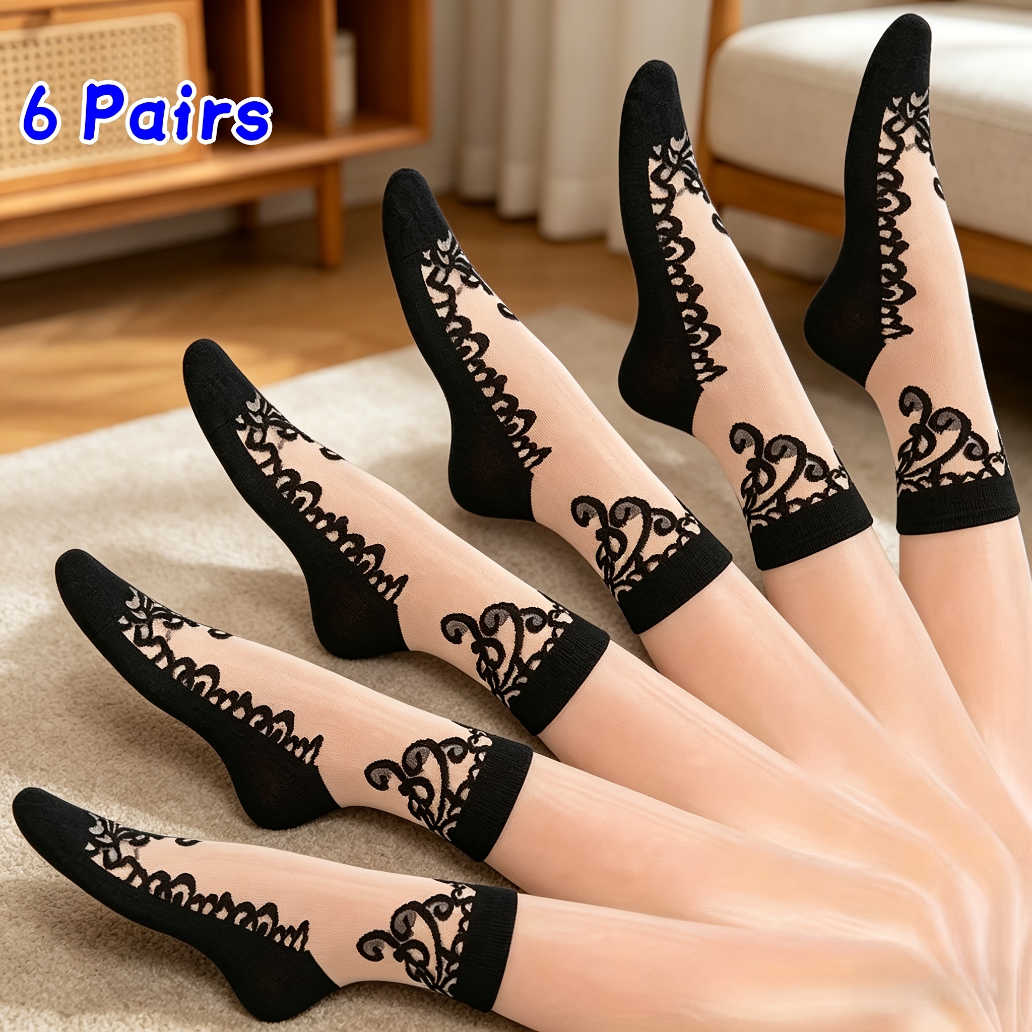 TEMU Summer 6 Pairs Of Glass Thin Crystal Mesh Non-slip Casual Versatile Women's Stockings
