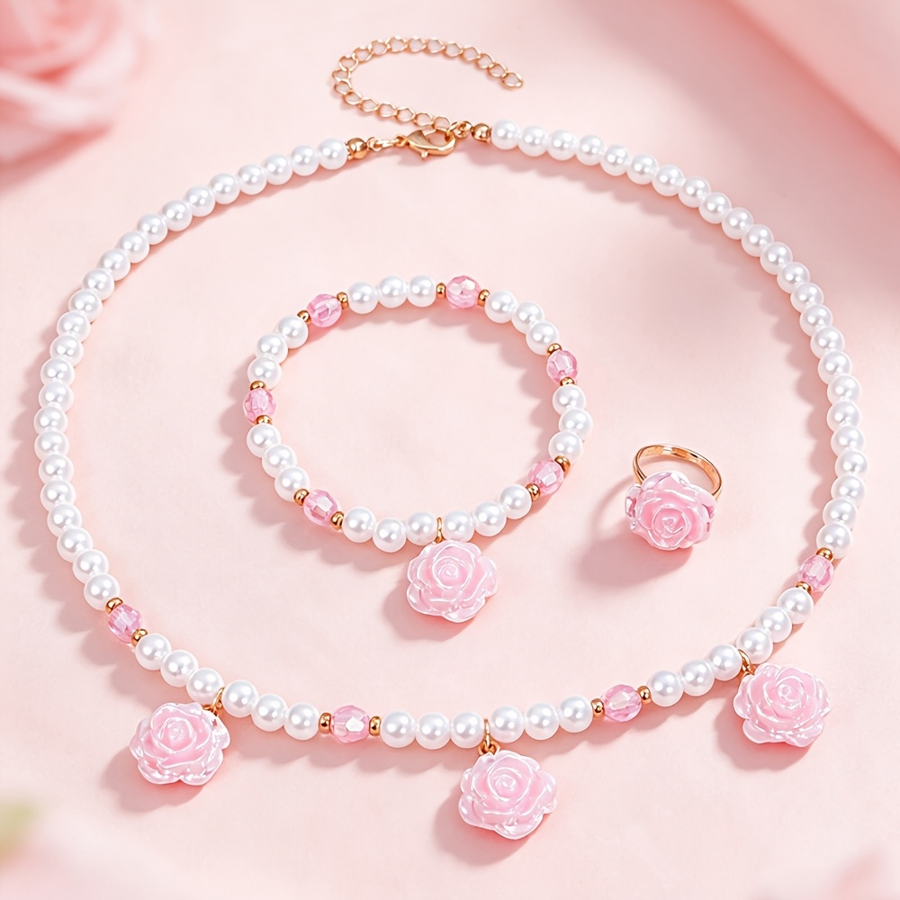 TEMU Parure de bijoux 3 pièces Qpeach pour fille - rose - Collier réglable, bracelet élastique et bague avec fermoir mousqueton et chaîne boîte, joli