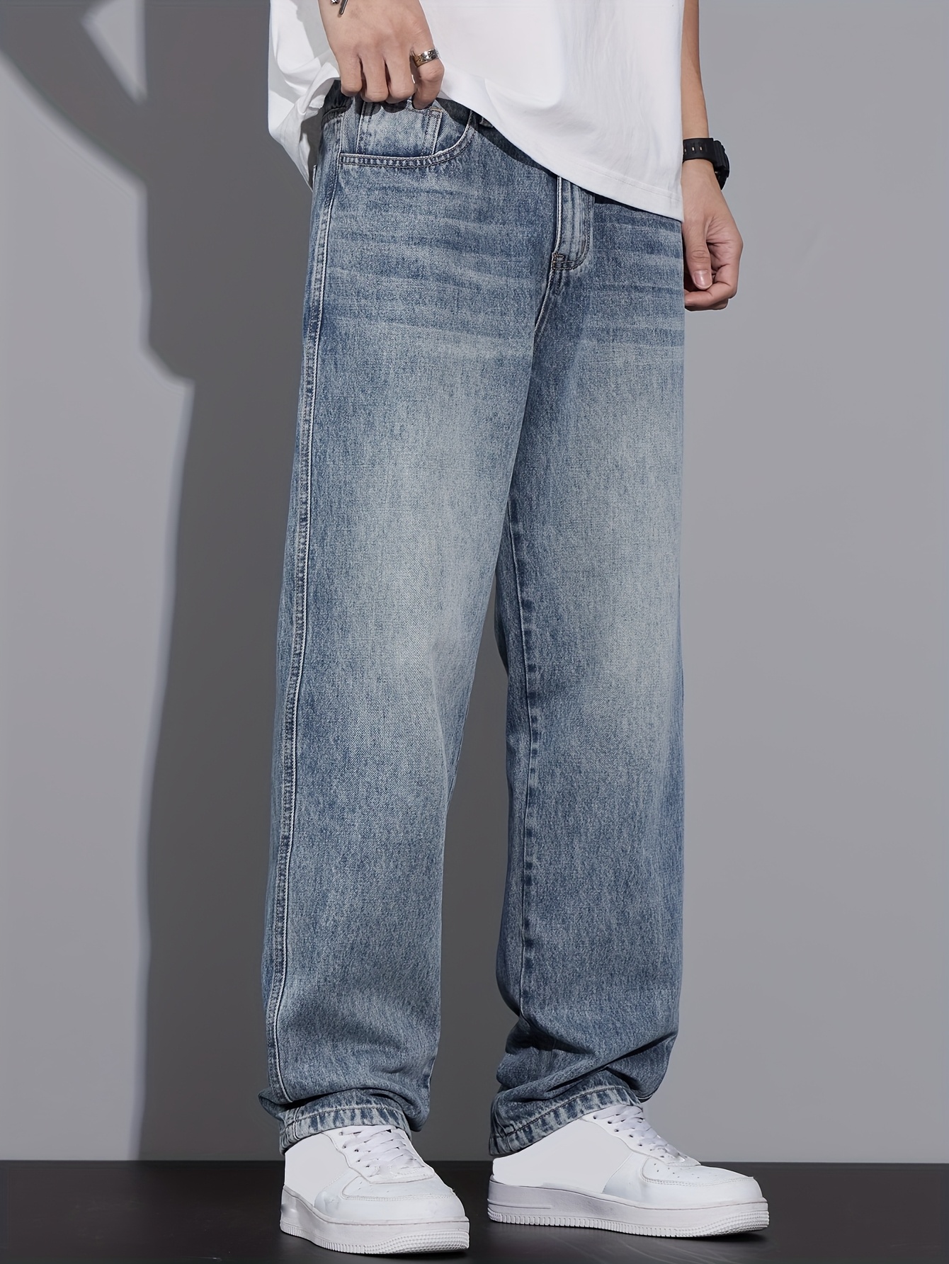 Men'S Vintage Washed Straight-Leg Jeans, Loose-Fitting And Trendy for Spring And Autumn, Versatile Casual Pants in Light Blue, New Style for 2025 (Geng Yuan Shi)