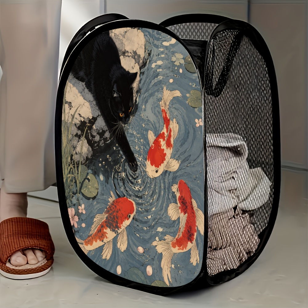 TEMU 1pc Black Cat & Koi Fish Laundry Hamper - Space-saving Pop-up Mesh Basket With Collapsible, Compact Hamper Suitable For For Small Spaces,,