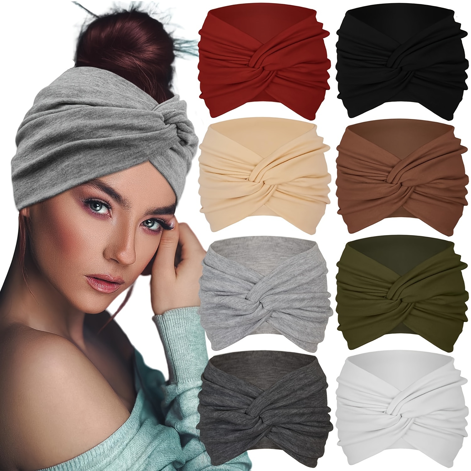 

8pcs Chic Wide Headbands For Women - 5.5" Twist Knot Hair Bands, Solid Color, Ideal For Yoga & Sports