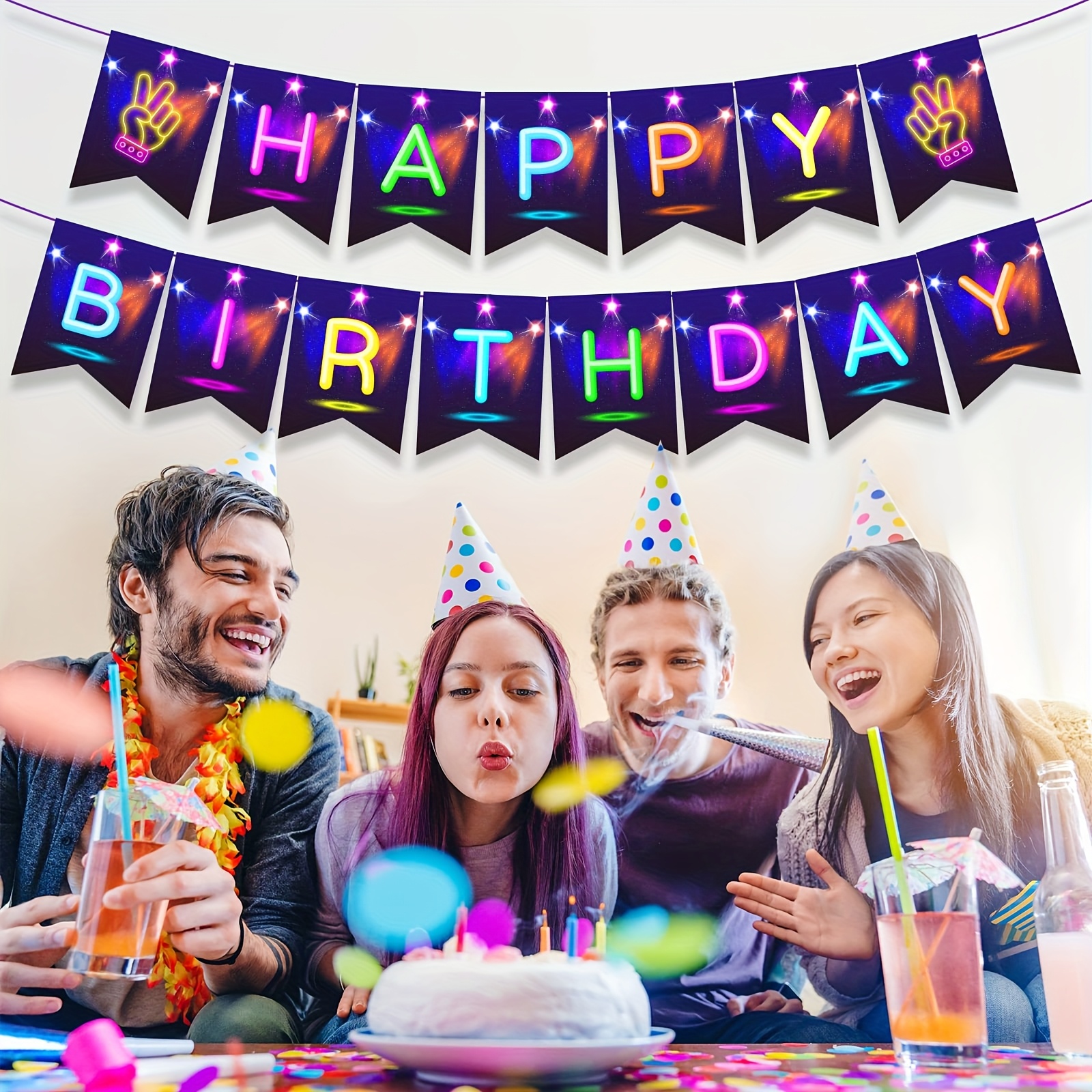 1 Set Glow Happy Birthday Banner, Glow Party Decoration, Glow In The Dark Letters Theme Party Supplies Boys Girls Classroom Baby Showers Birthday Party Decorations Club Bar Hanging Flags