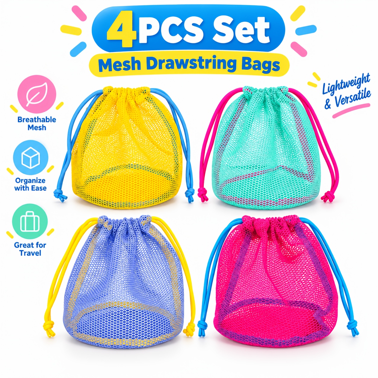 TEMU 4pcs Dopamine Mesh Drawstring Storage Bags, Breathable And Lightweight Mesh Pouches, Portable, For Storing Swimming Gear, Fitness Accessories,