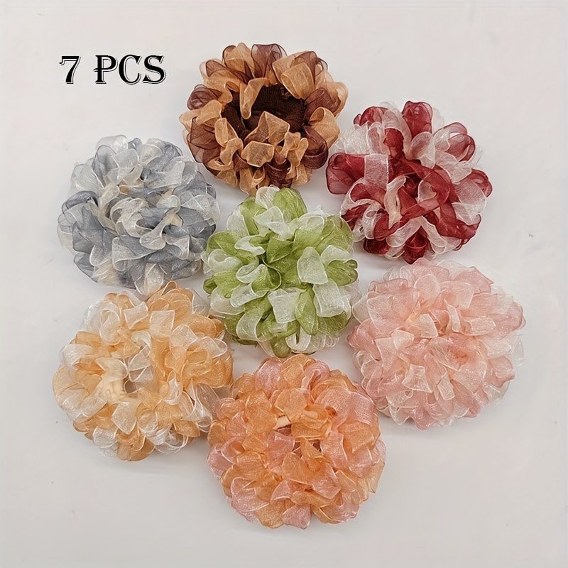 TEMU 7pcs Set Of New Mesh Hair Ties For, Beautifully Designed To On Hair, Featuring High And Versatile, Sweet, And Cute Hair Accessories.