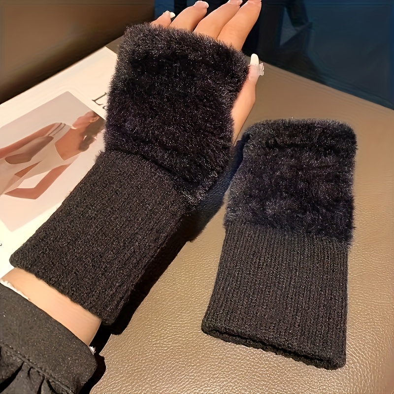 Soft & Warm Fingerless Gloves - Stylish Elegant Plush Splicing Knit Gloves for Autumn Winter with Coldproof Elastic Wrist Cover details 2