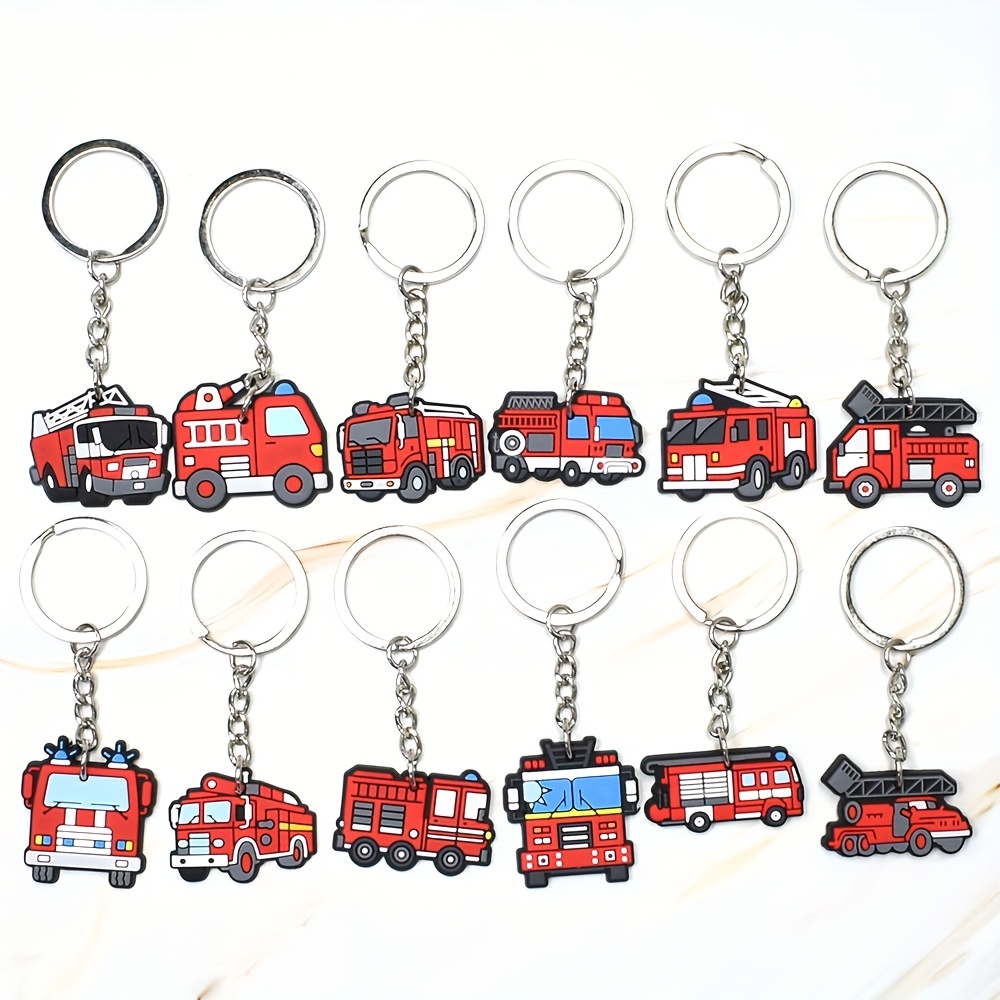 Set Of 12 Red Plastic Fire Engine Keychains, Miniature Fire Truck Key Rings, Charms For Bags, Backpacks, And Luggage, Perfect For Birthday Party Favors