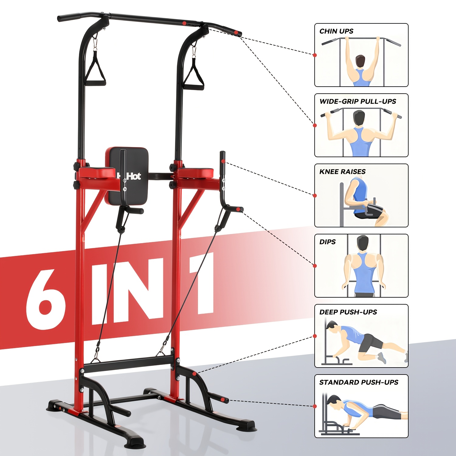 Kehot Adjustable Pull Up Bar Stand 140-190cm With Resistance Bands, Black Red Indoor Home Gym Equipment 120kg Capacity