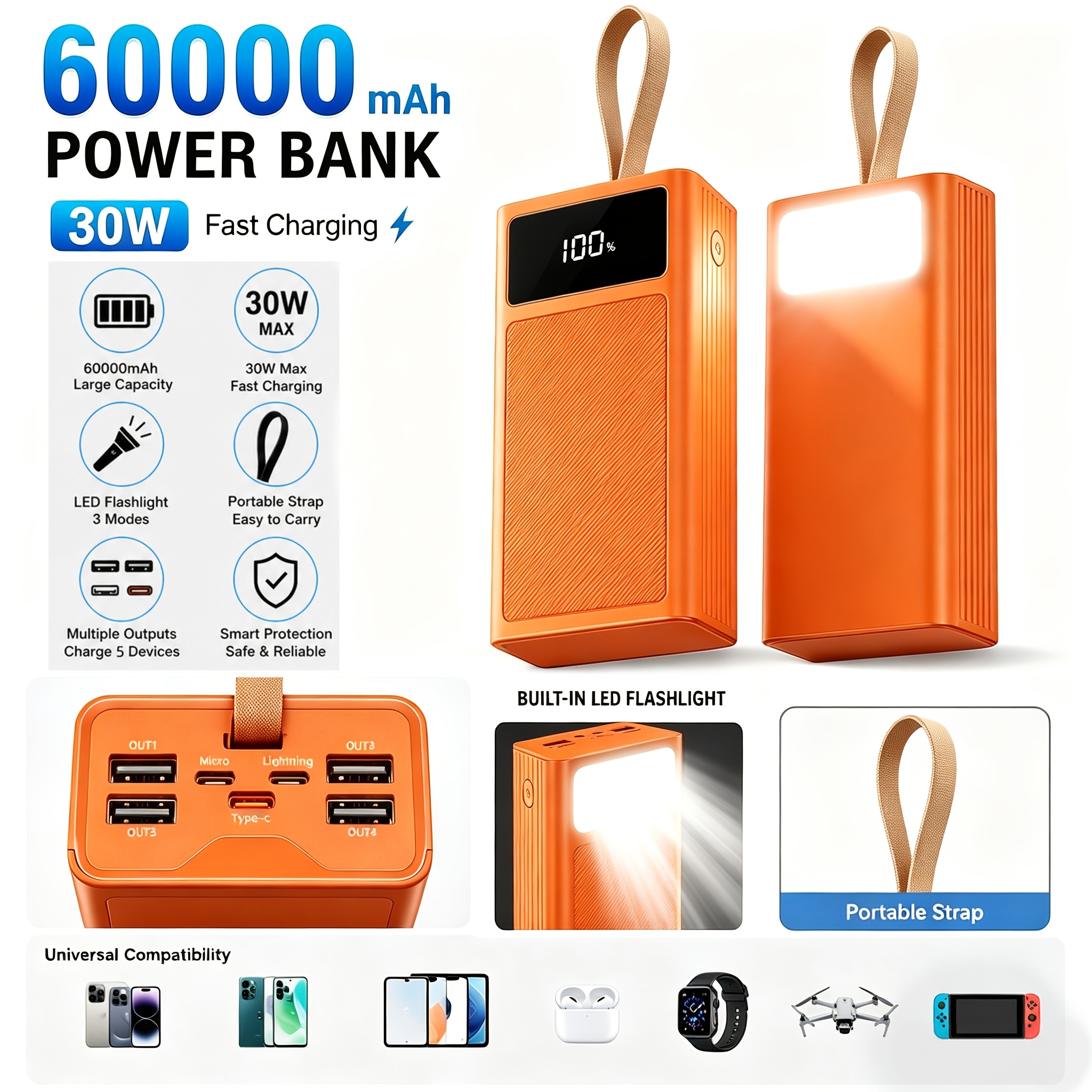Image of 60000mah High Capacity Portable Power Bank, Lanyard/ Display/emergency Flashlight, Outdoor Emergency Battery Pack, 30w Fast Usb Charging, Outdoor Battery Pack For Iphone, Devices, Holiday Gift