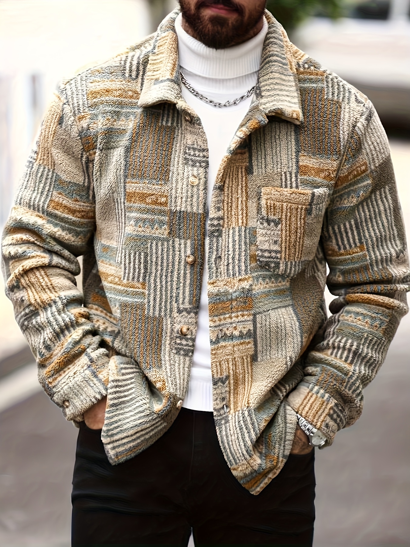 Men's Geometric Pattern Fleece Jacket - Retro Single-Breasted Casual Outerwear