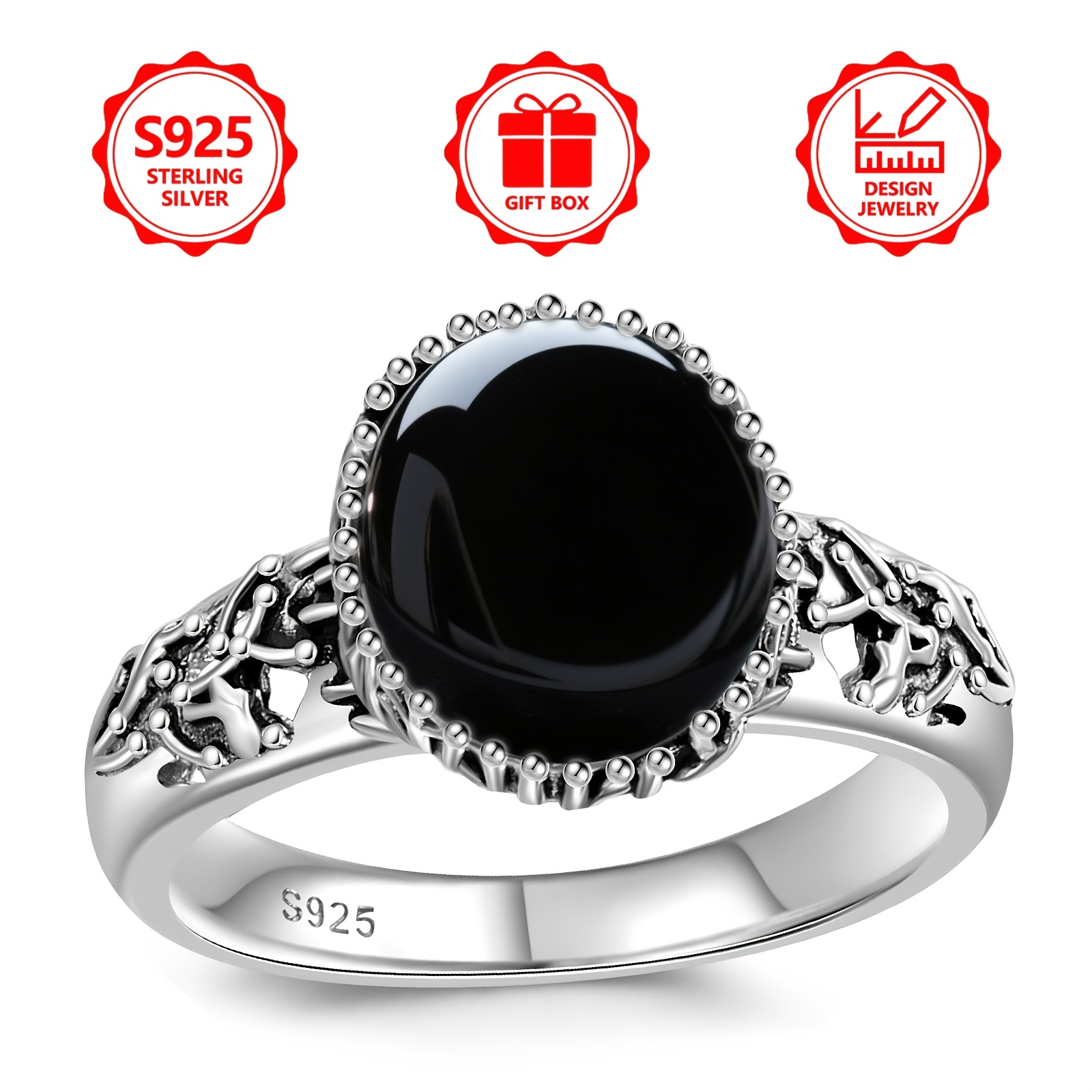 Women's 925 Sterling Silver Round Agate Ring, Vintage Vine Design