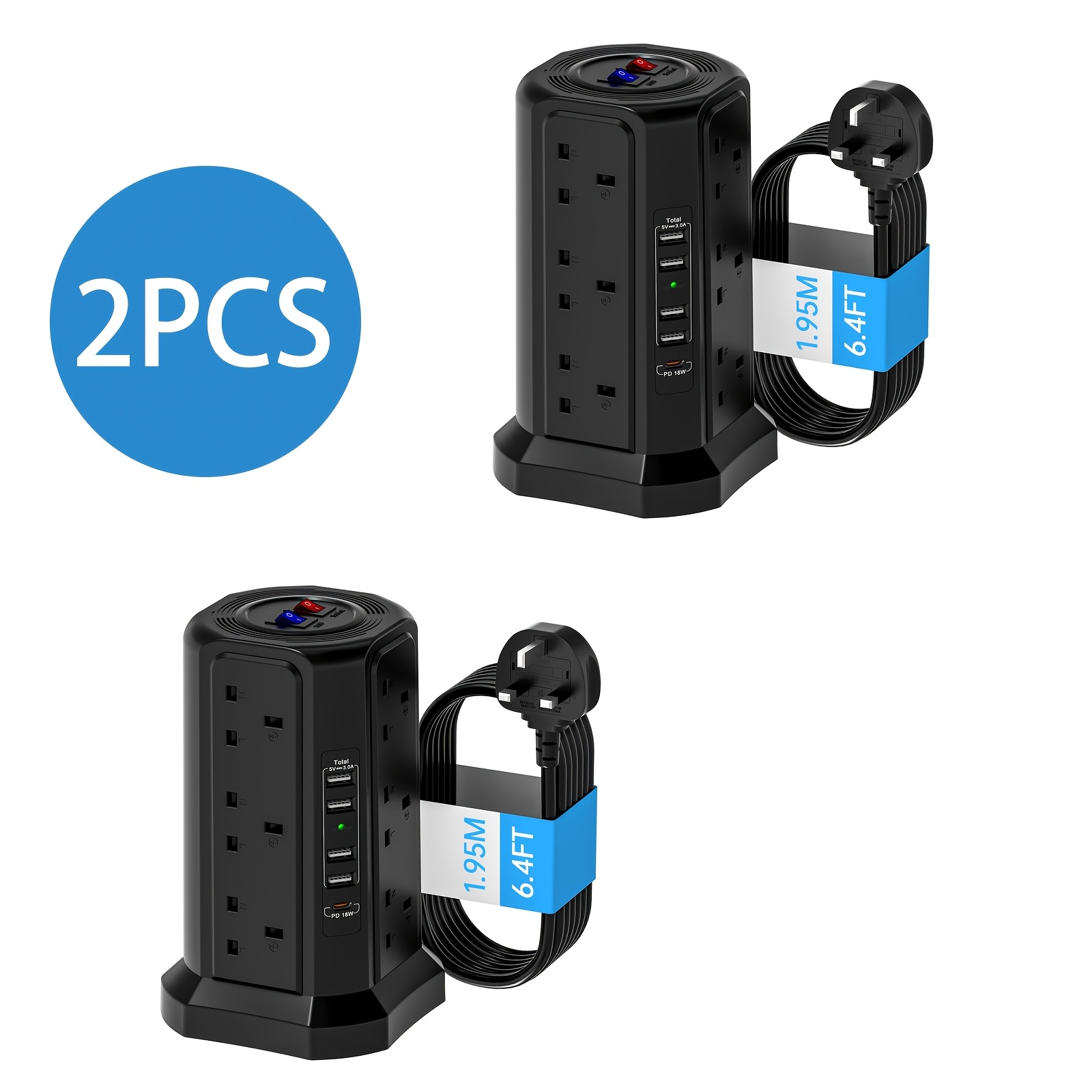 TEMU Passus Tower Extension Lead With Usb Slots And 20w Usb C Fast Charger, (13a 3250w) 5 Usb Ports And 12 Way Extension Tower, Protection Extension