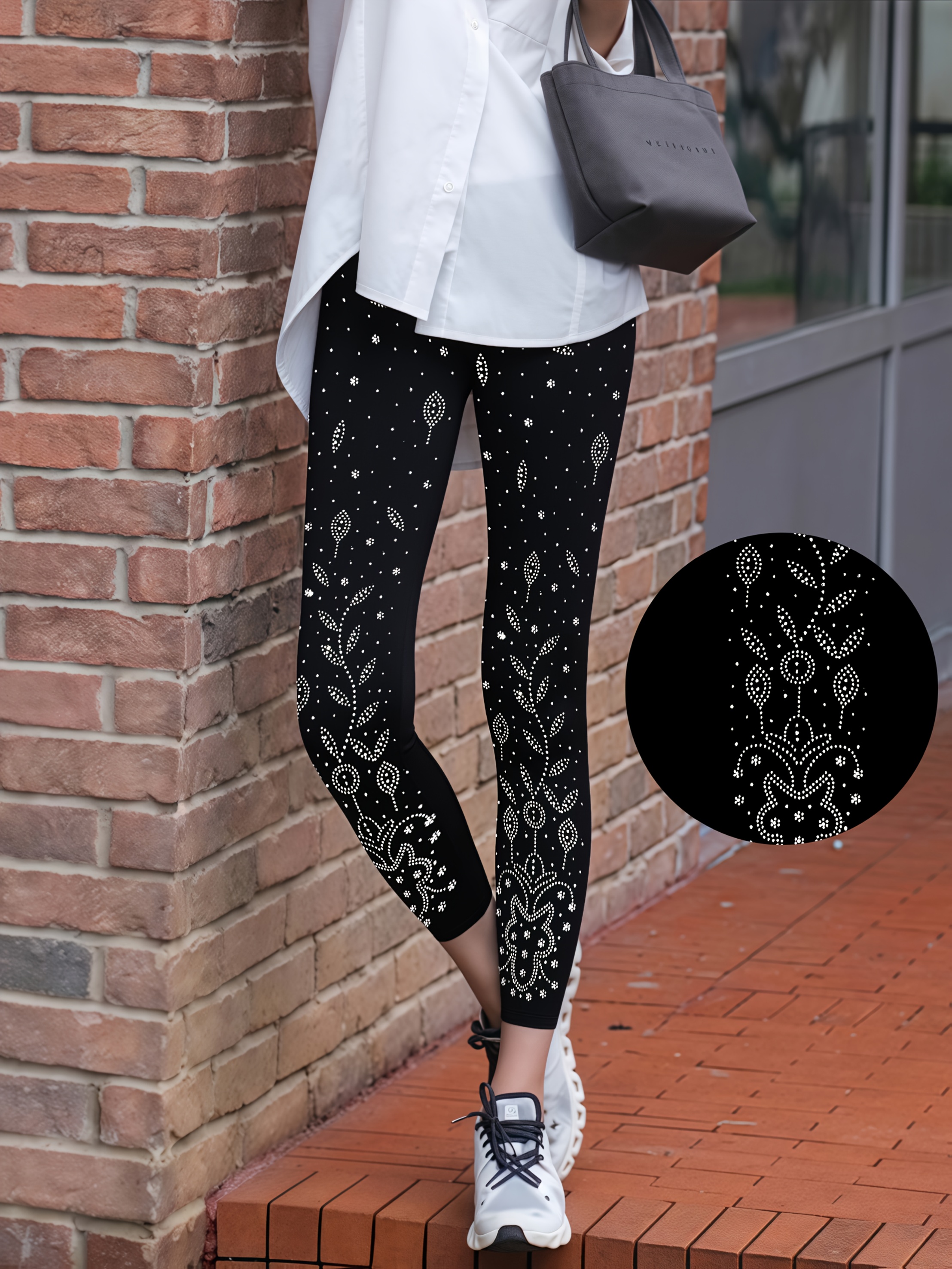 women s high-waist   sparkle fleece leggings -  , high-  stretchy tights with front leaf & star patterns Product details 2