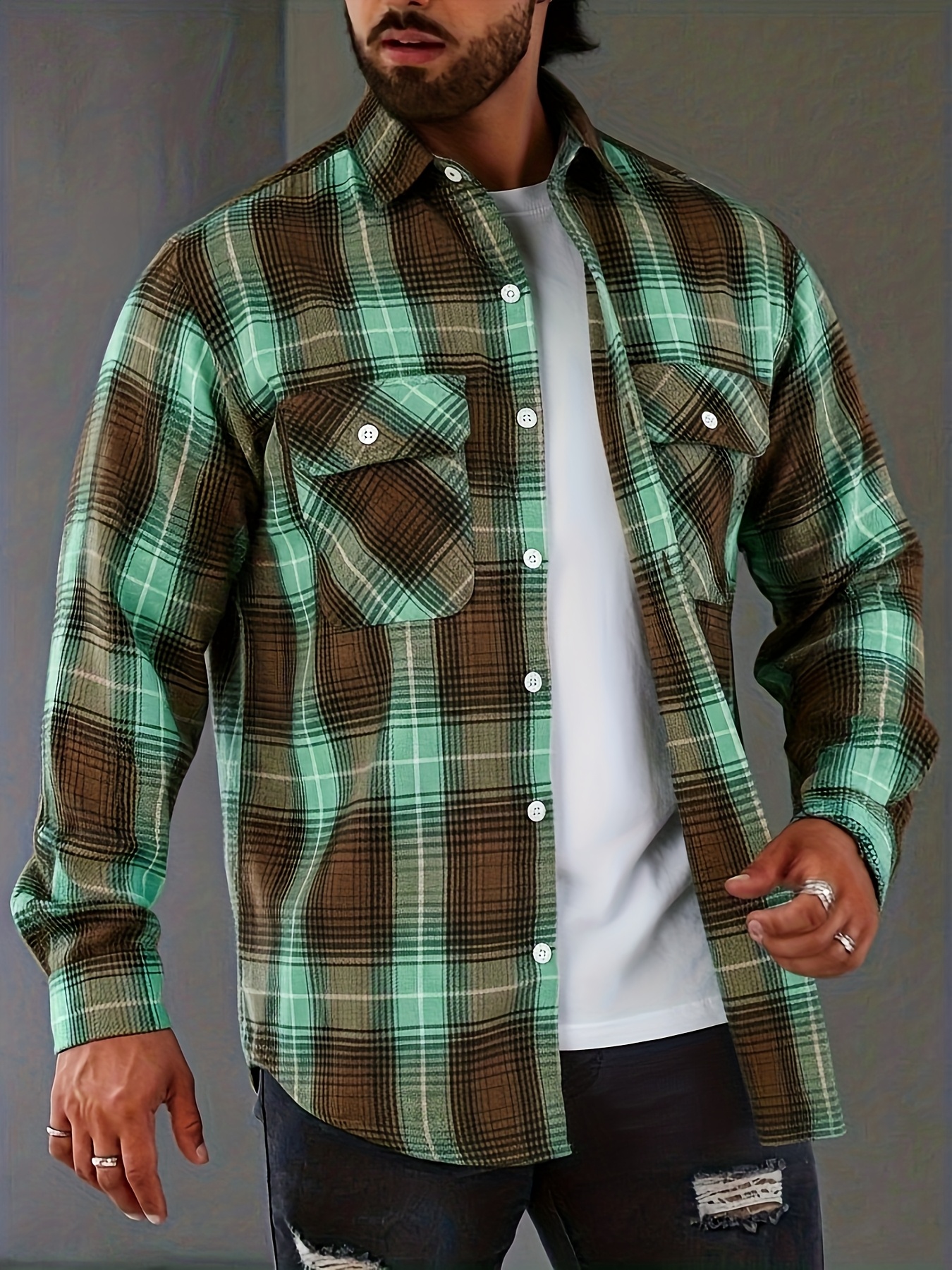 Chemise à Carreaux Homme — Vintage & Décontractée Chemise Vintage à Carreaux Verts et Marron pour Homme, Style Décontracté à Poches Doubles pour Printemps/Automne, Haut Polyvalent, Design Rétro à Carreaux, Coupe Détendue, Lavage à la Main, Tissu Non Élastique, Chemise Homme, Coupe Régulière, Pour Passionnés de Vêtements de Travail, Tenue Décontractée, Taille Chinoise, Veuillez Consulter Attentivement le Guide des Tailles